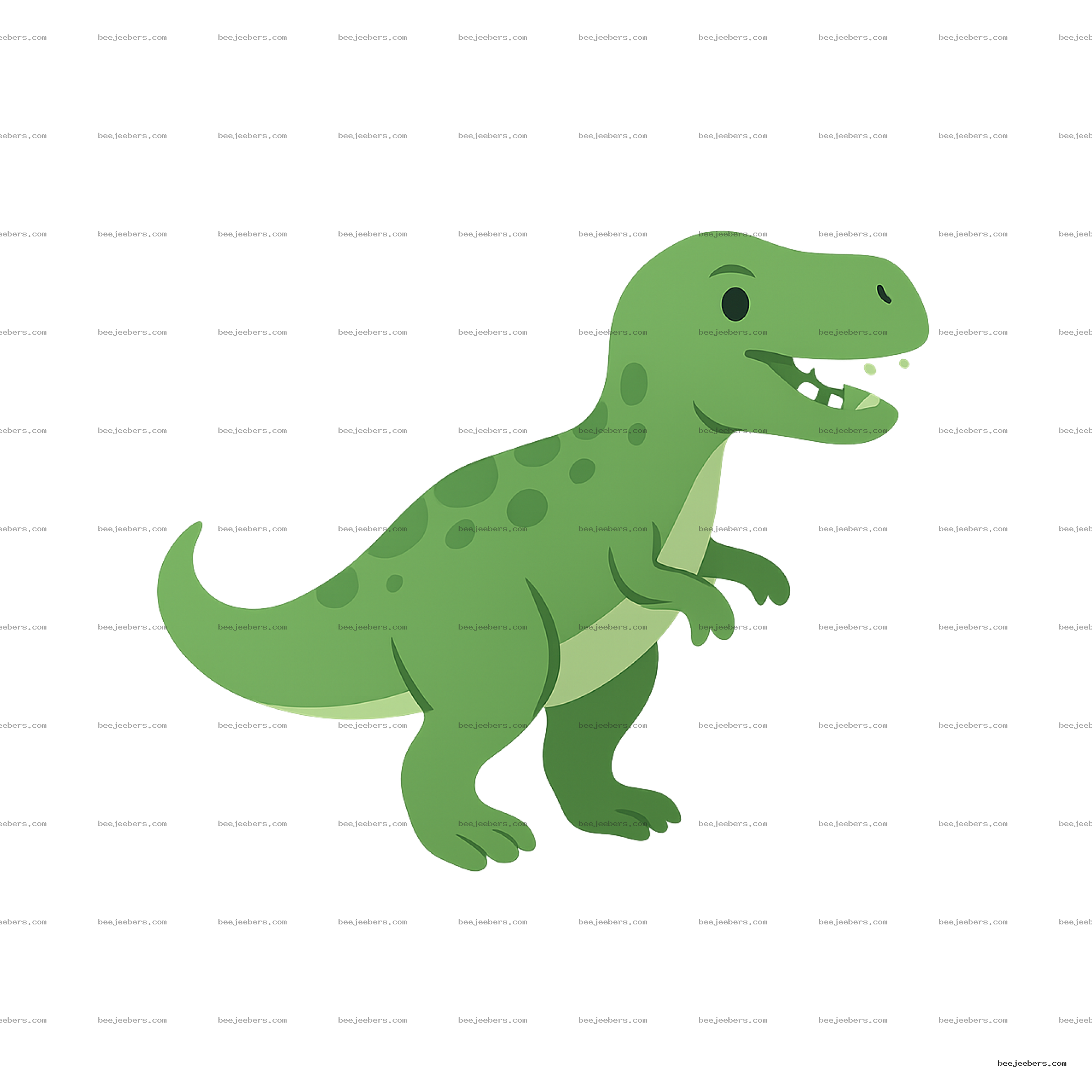 Cartoon green T. rex dinosaur clipart with spots on transparent background