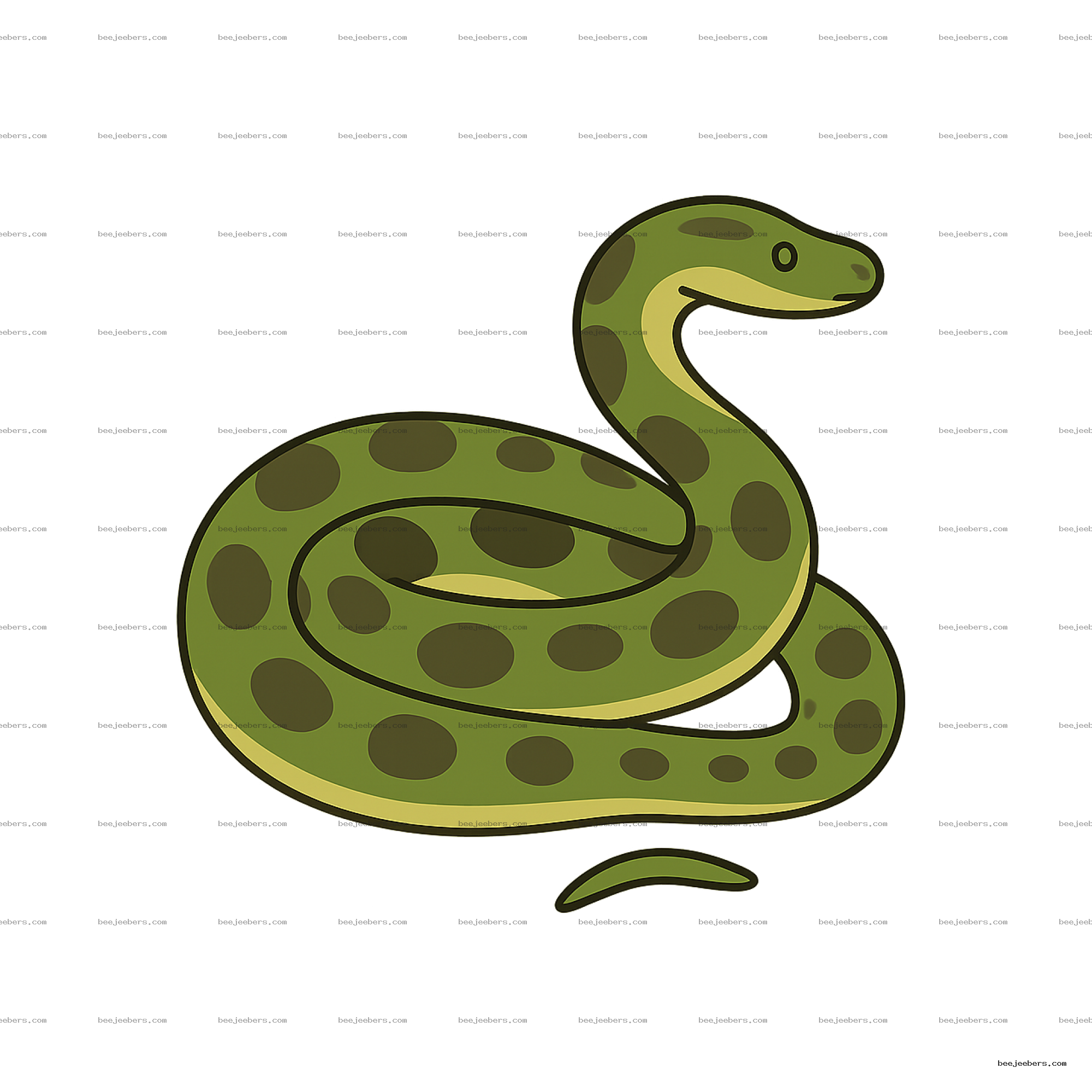 Clean vector clipart of a green anaconda snake with dark spots coiled on transparent background