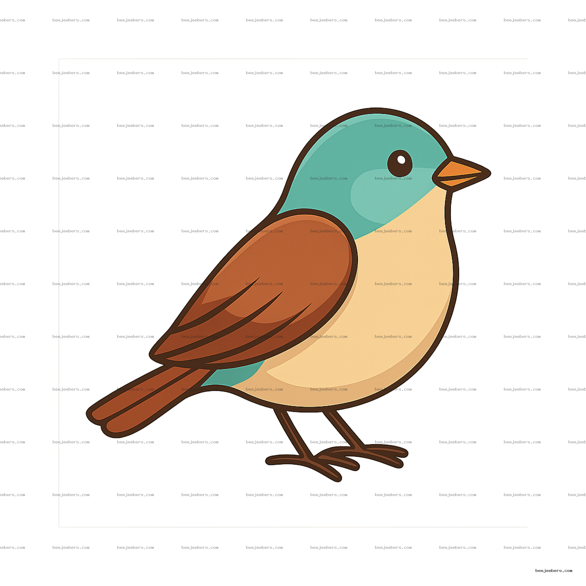 Colorful vector bird clipart with teal head, orange wings, and cream belly on transparent background