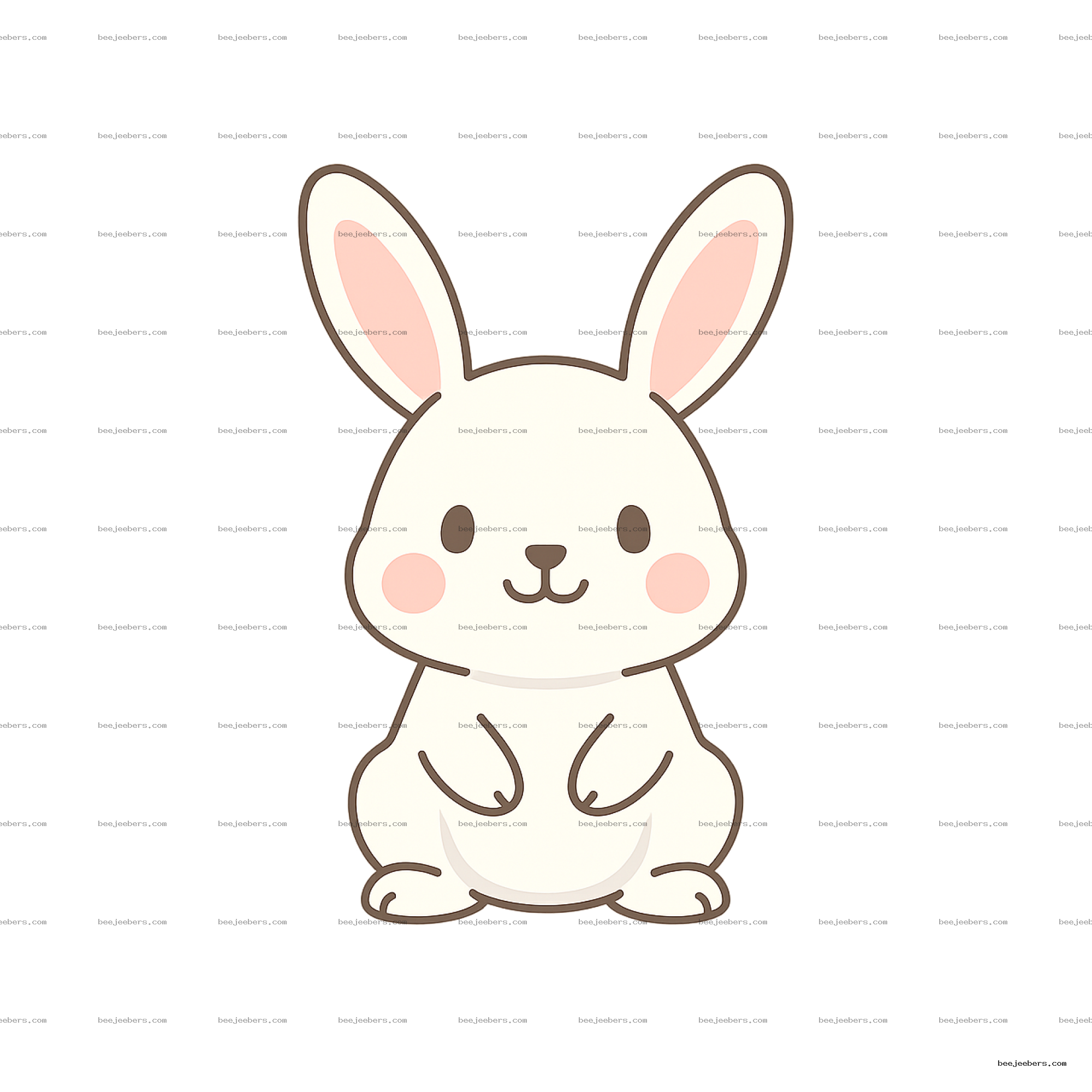 Cute cartoon white bunny with pink cheeks and ears, transparent background digital clipart