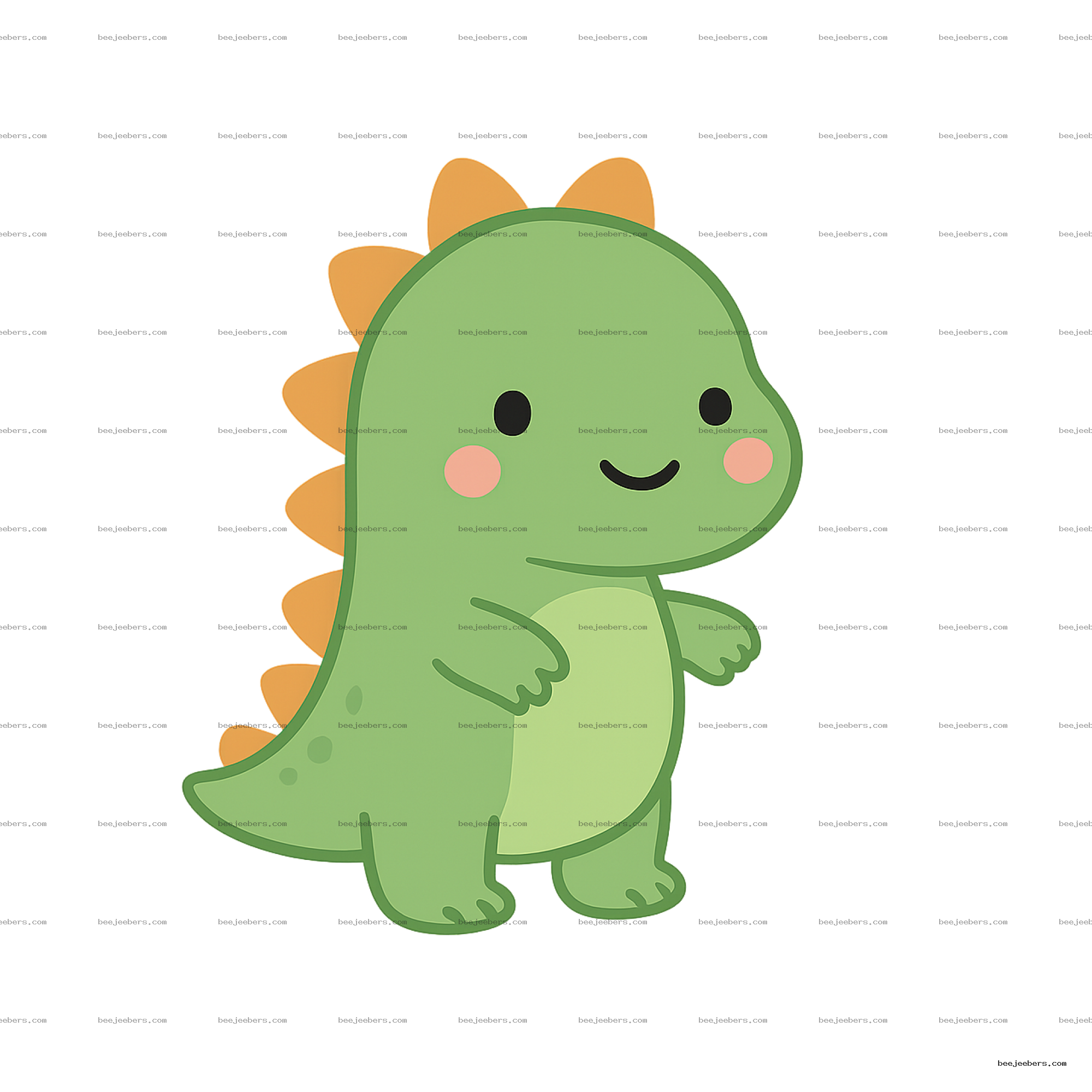 Cute green cartoon dinosaur with orange spikes and pink cheeks in clean vector style