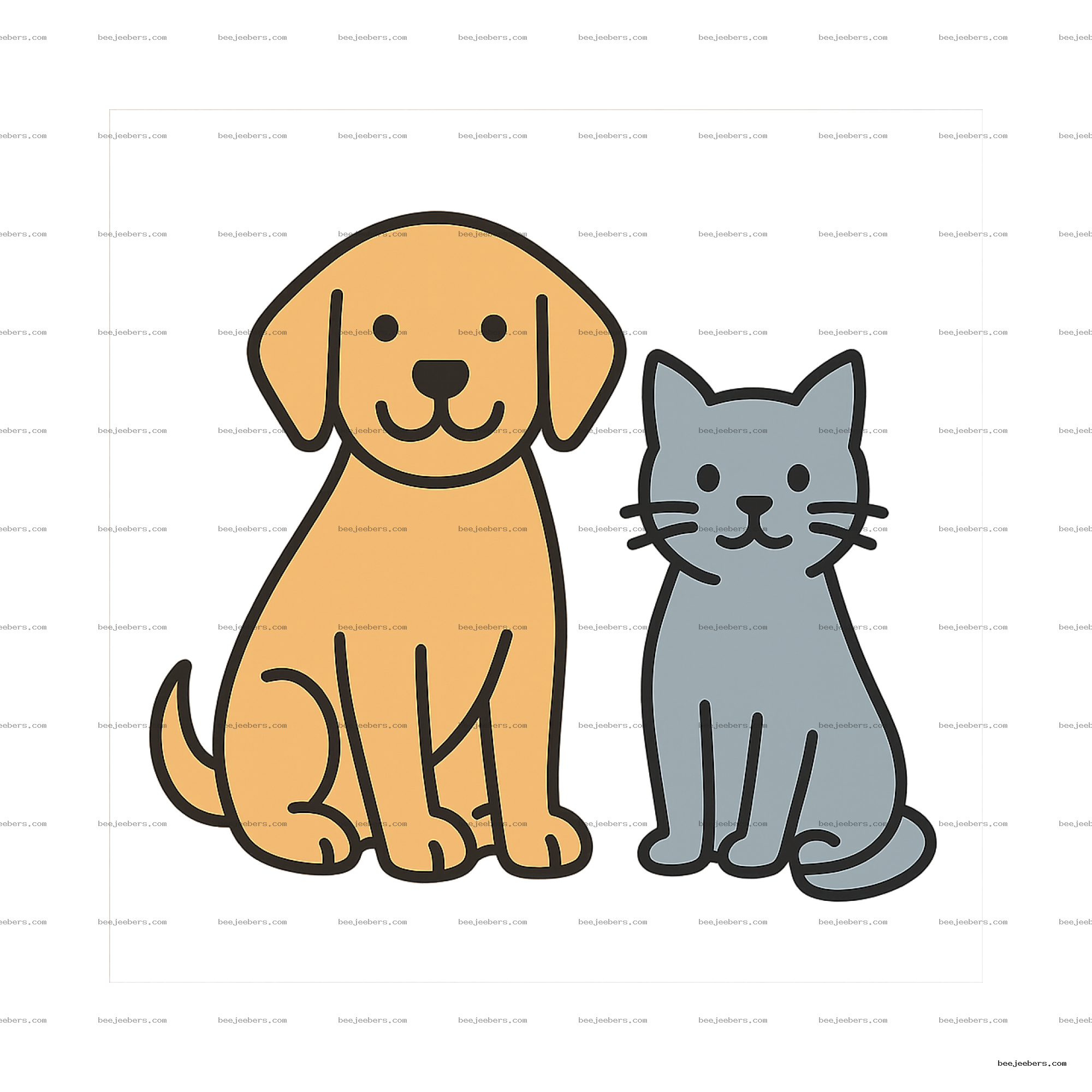 Clean vector illustration of a yellow dog and gray cat sitting side by side with transparent background