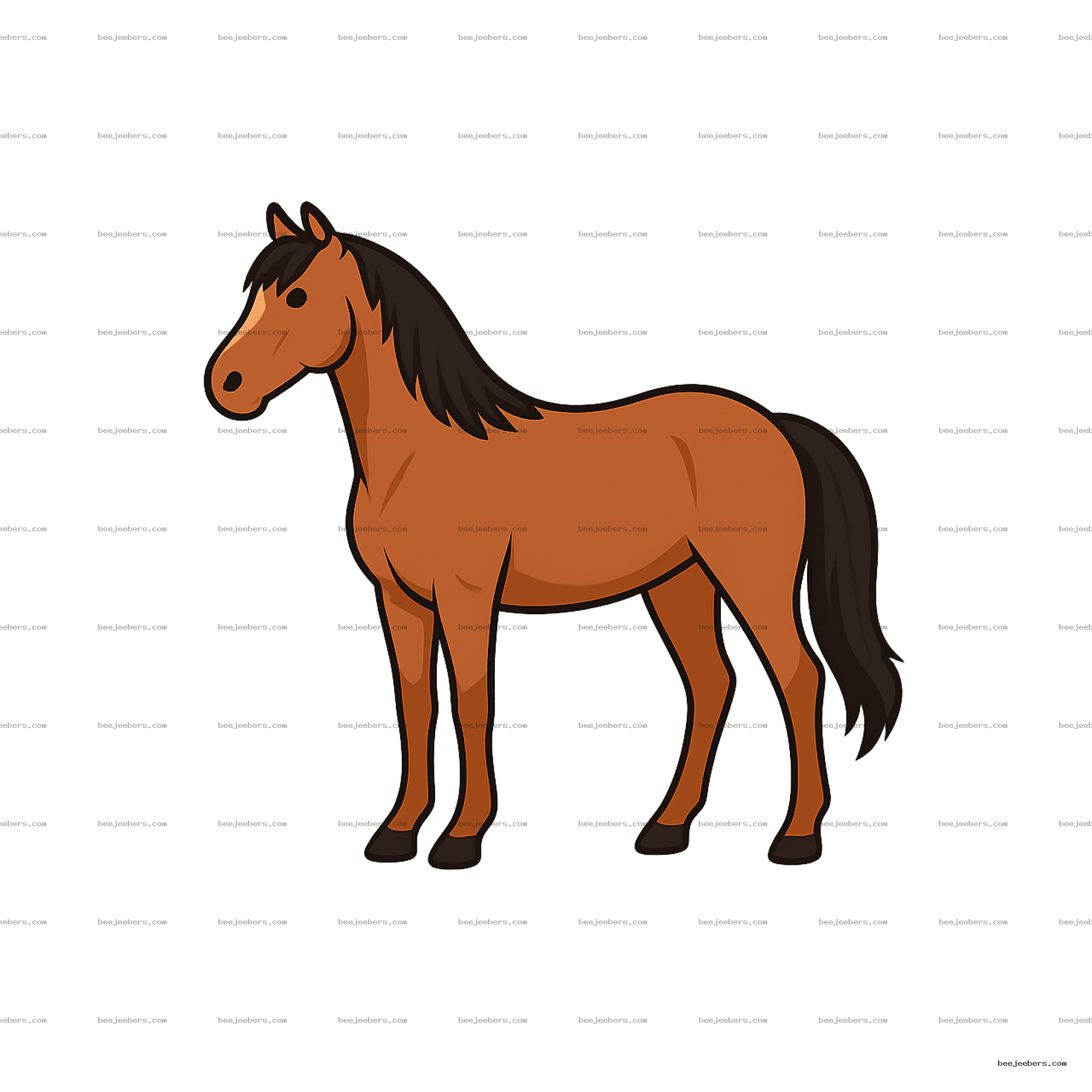 Clean vector illustration of a brown horse with black mane and tail on transparent background