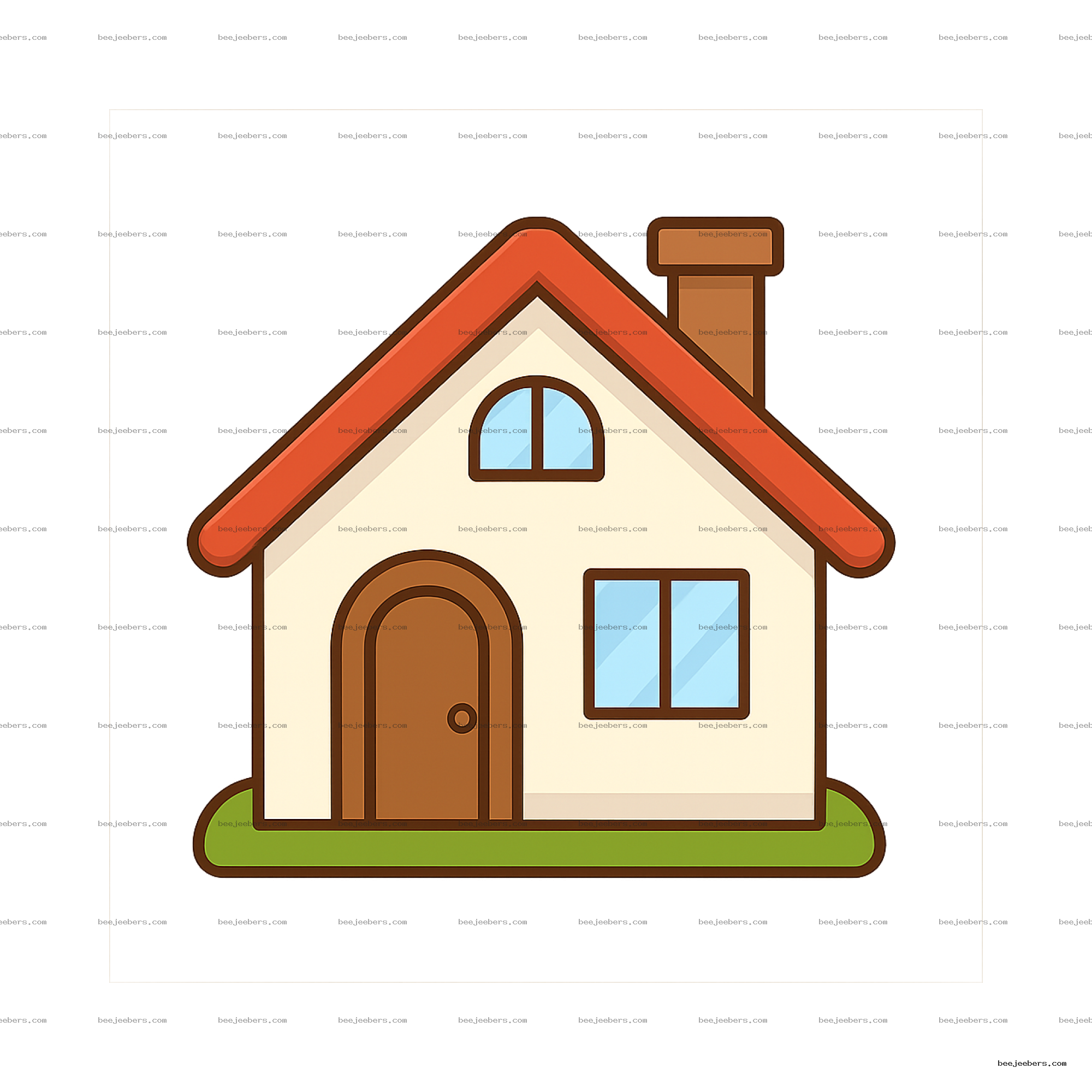 Cute cartoon house with red roof, brown door, chimney, and blue windows on green grass patch