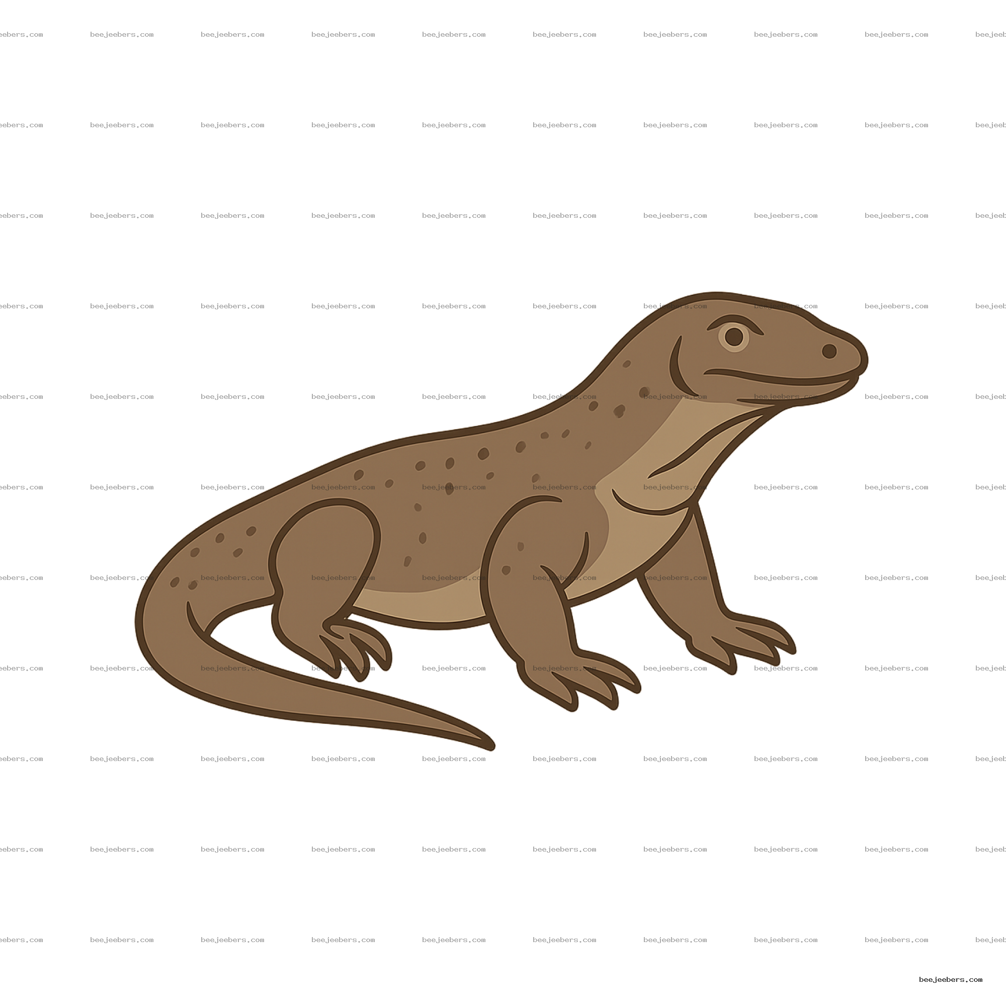 Clean vector clipart of a brown Komodo dragon with spots in side profile on transparent background