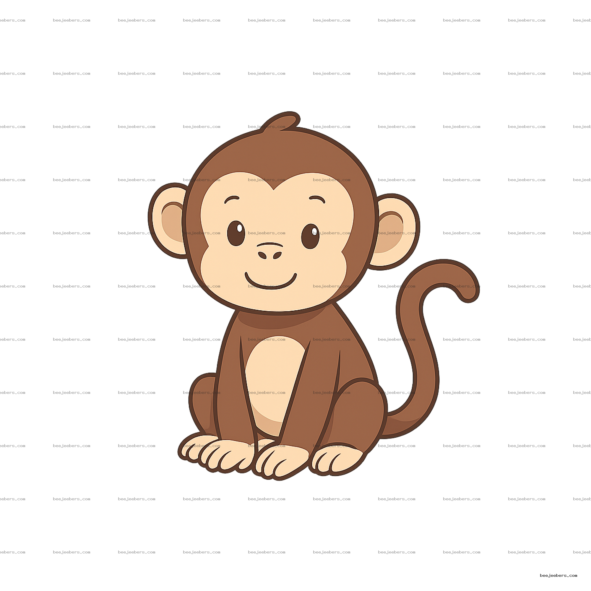 Cute cartoon monkey clipart PNG with smiling face and curled tail on transparent background