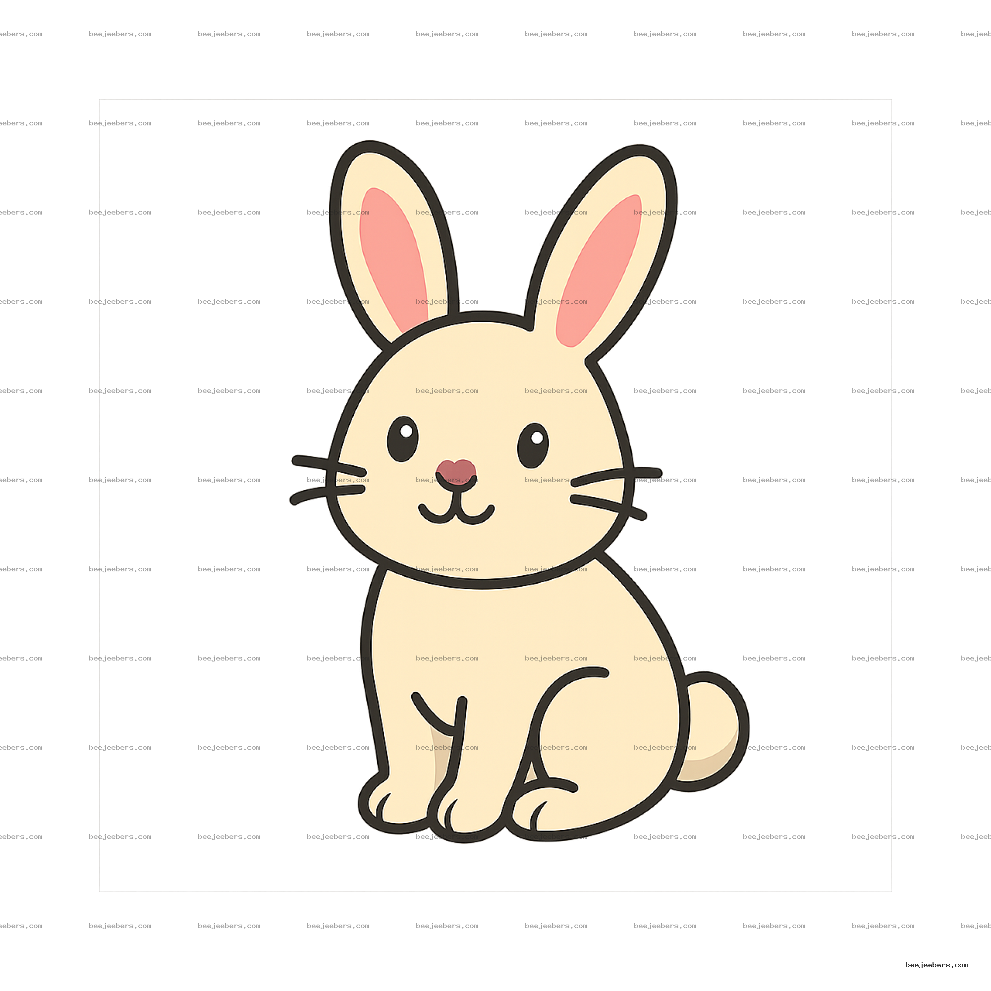 Cute cream-colored cartoon rabbit with pink ears and happy face on transparent background
