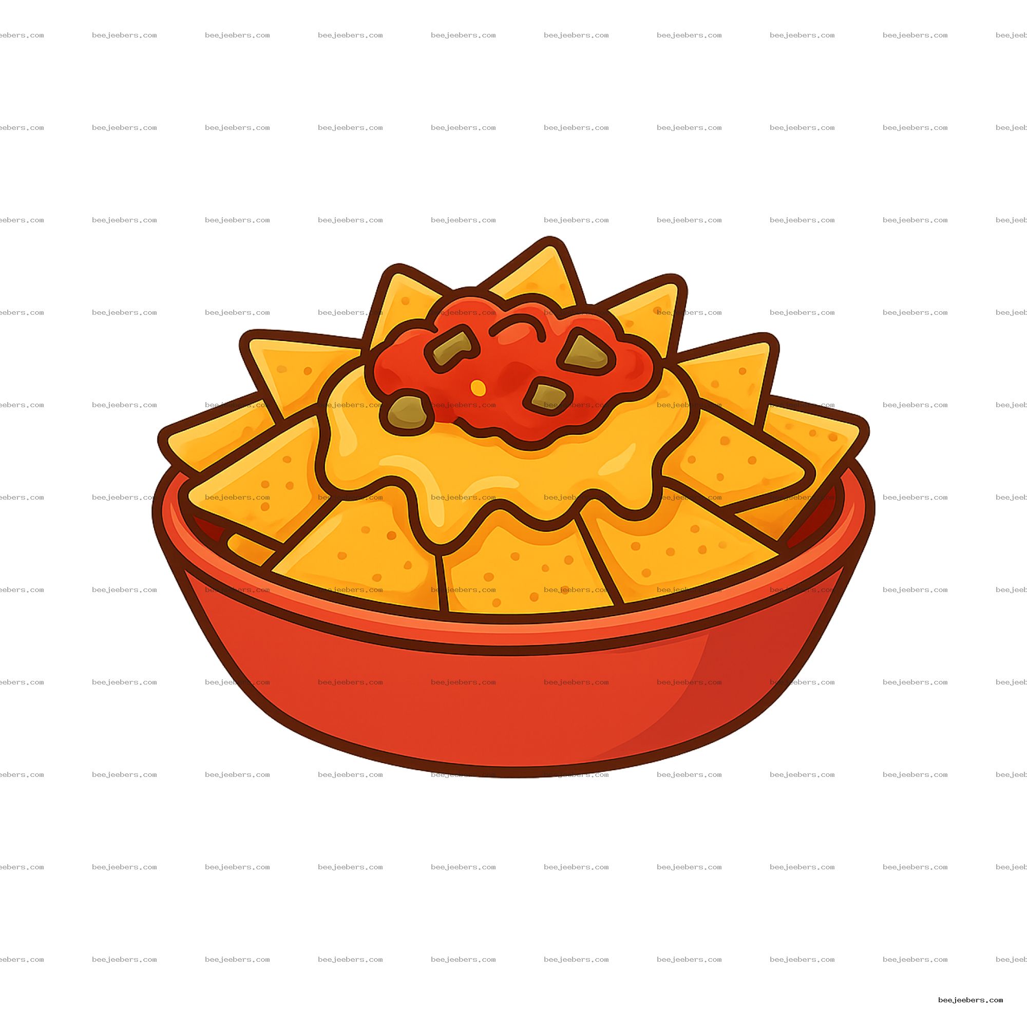 Vector illustration of a bowl of nachos topped with melted cheese and salsa on transparent background