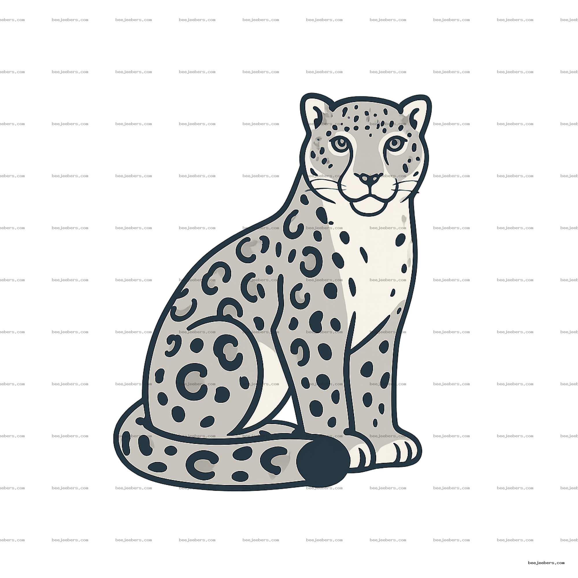 Clean vector style snow leopard sitting with black spots on gray and white fur, transparent background