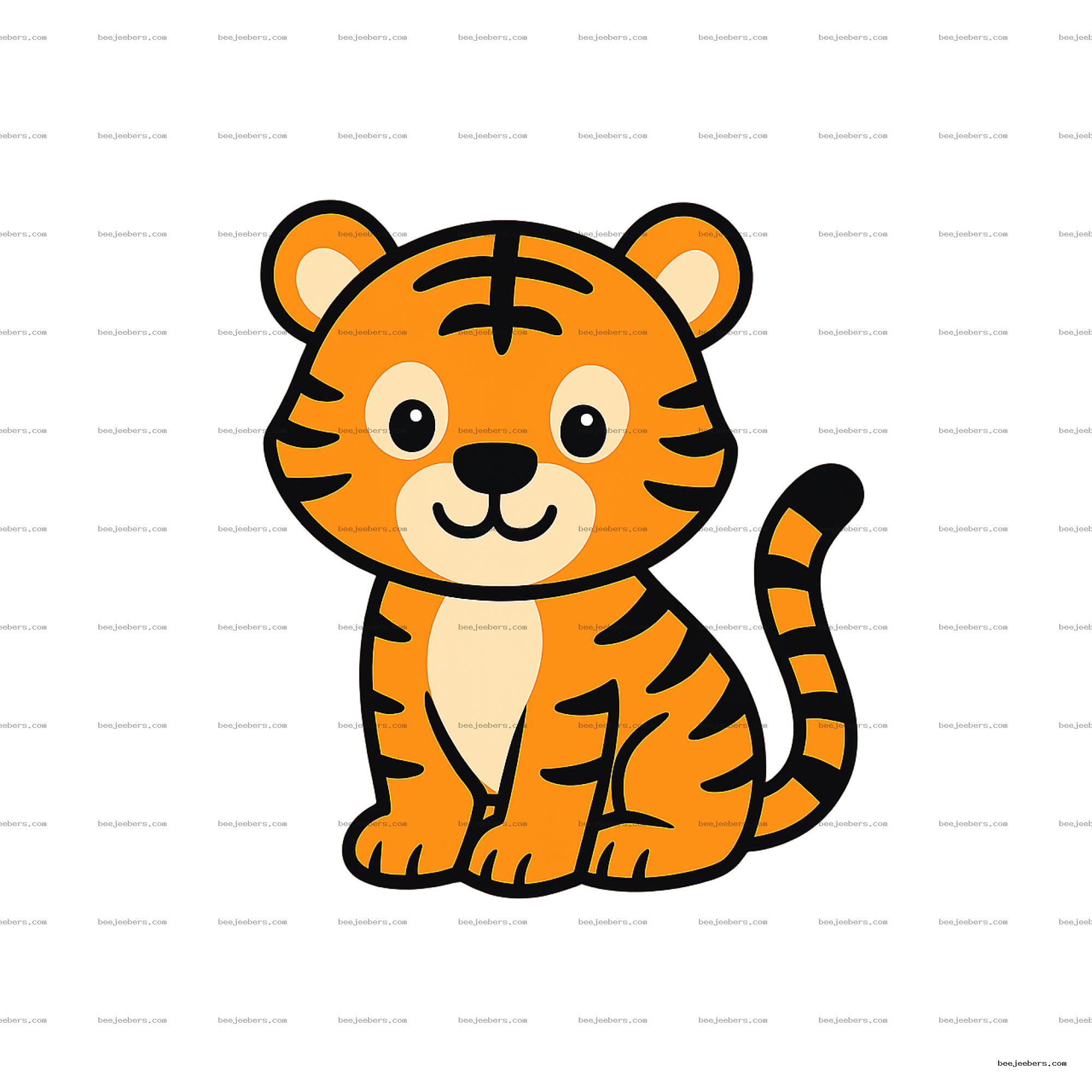 Cute cartoon tiger sitting with orange fur and black stripes on transparent background