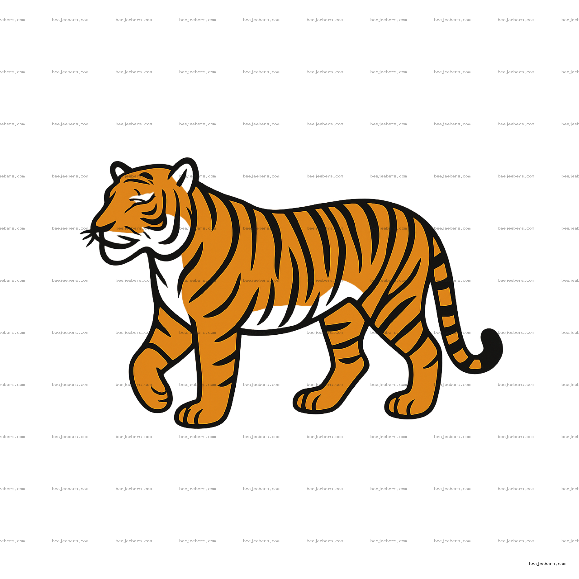 Clean vector tiger clipart in orange with black stripes, side view, transparent background