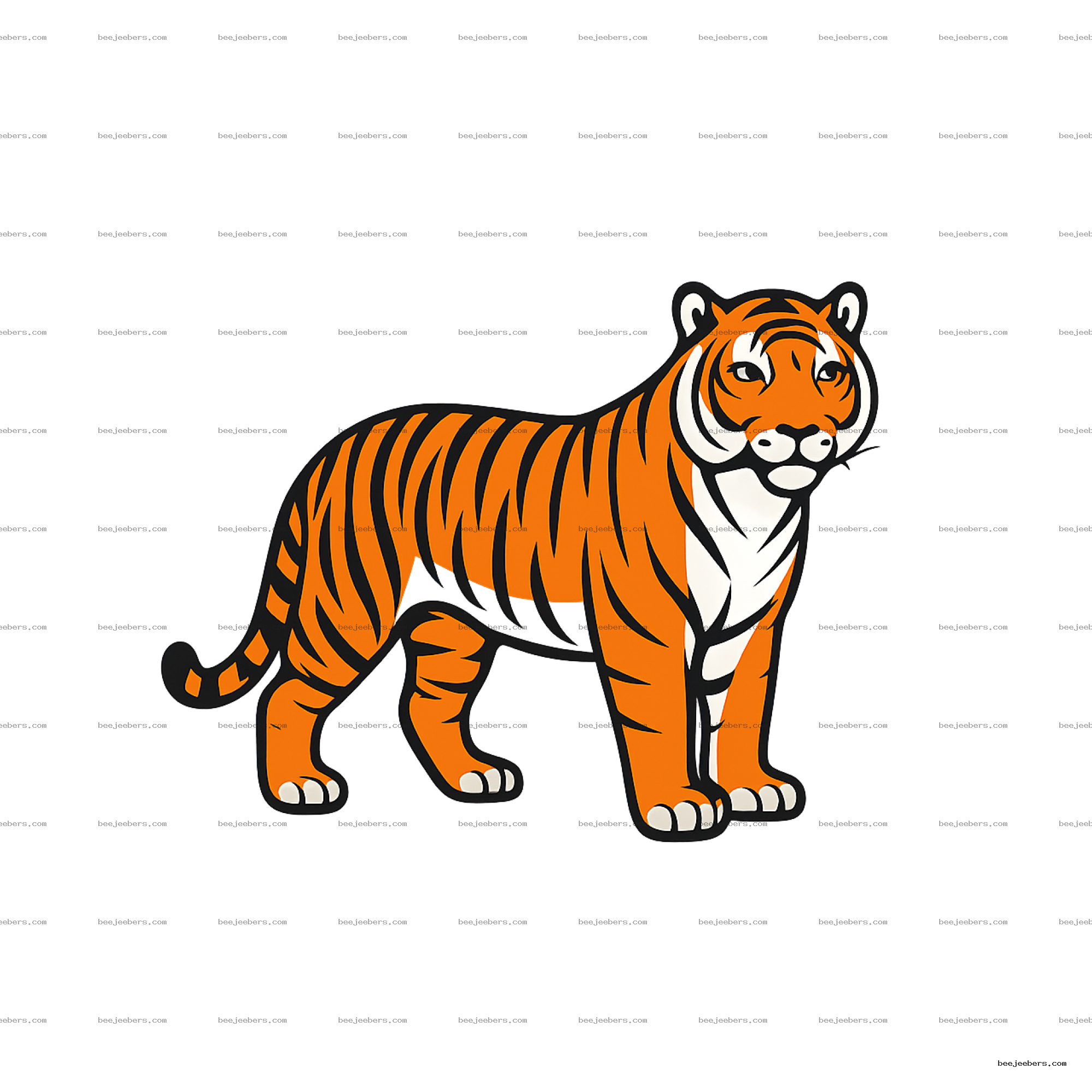 Clean vector illustration of tiger with orange and black stripes on transparent background