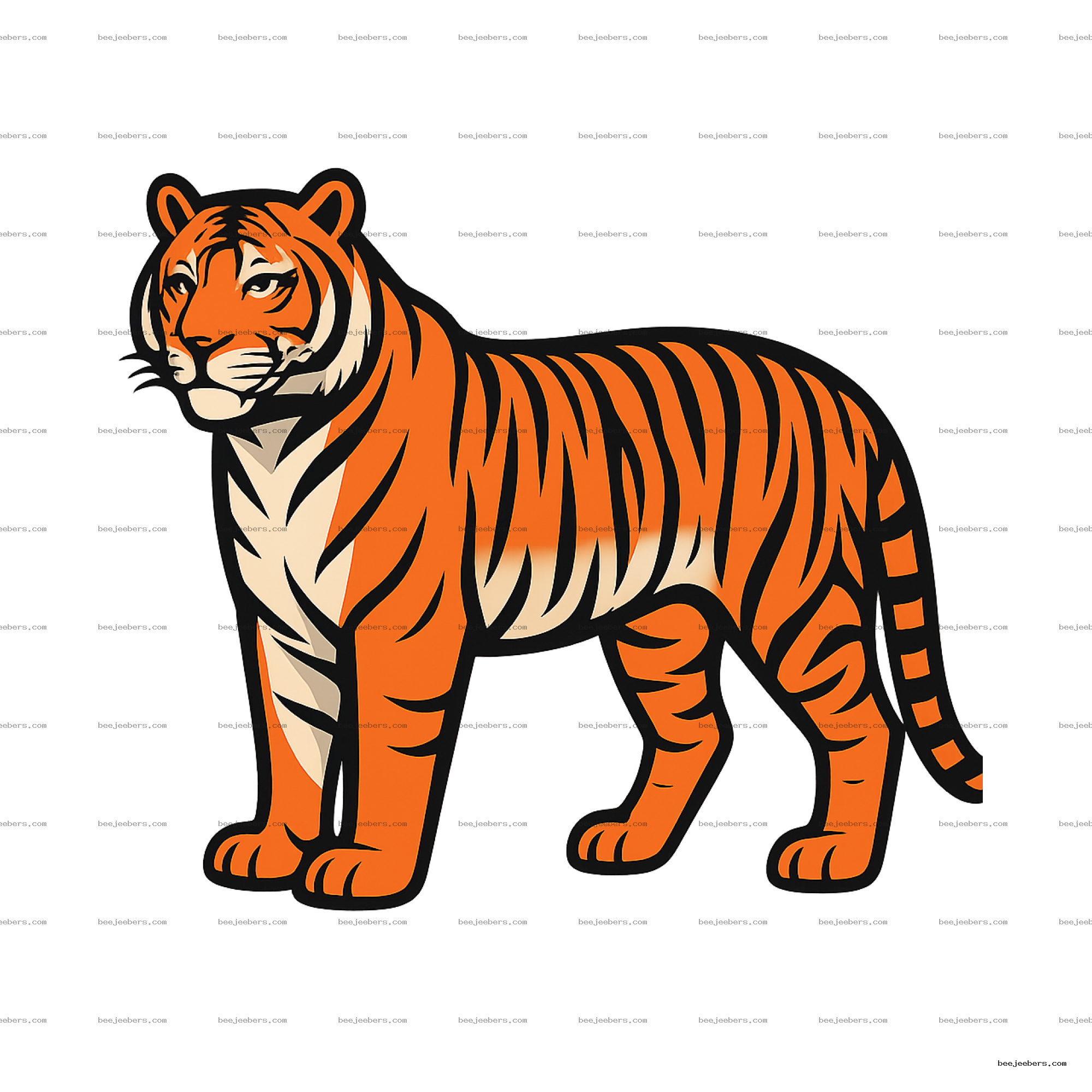 Clean vector tiger clipart showing a side view of a standing tiger with orange and black stripes on transparent background