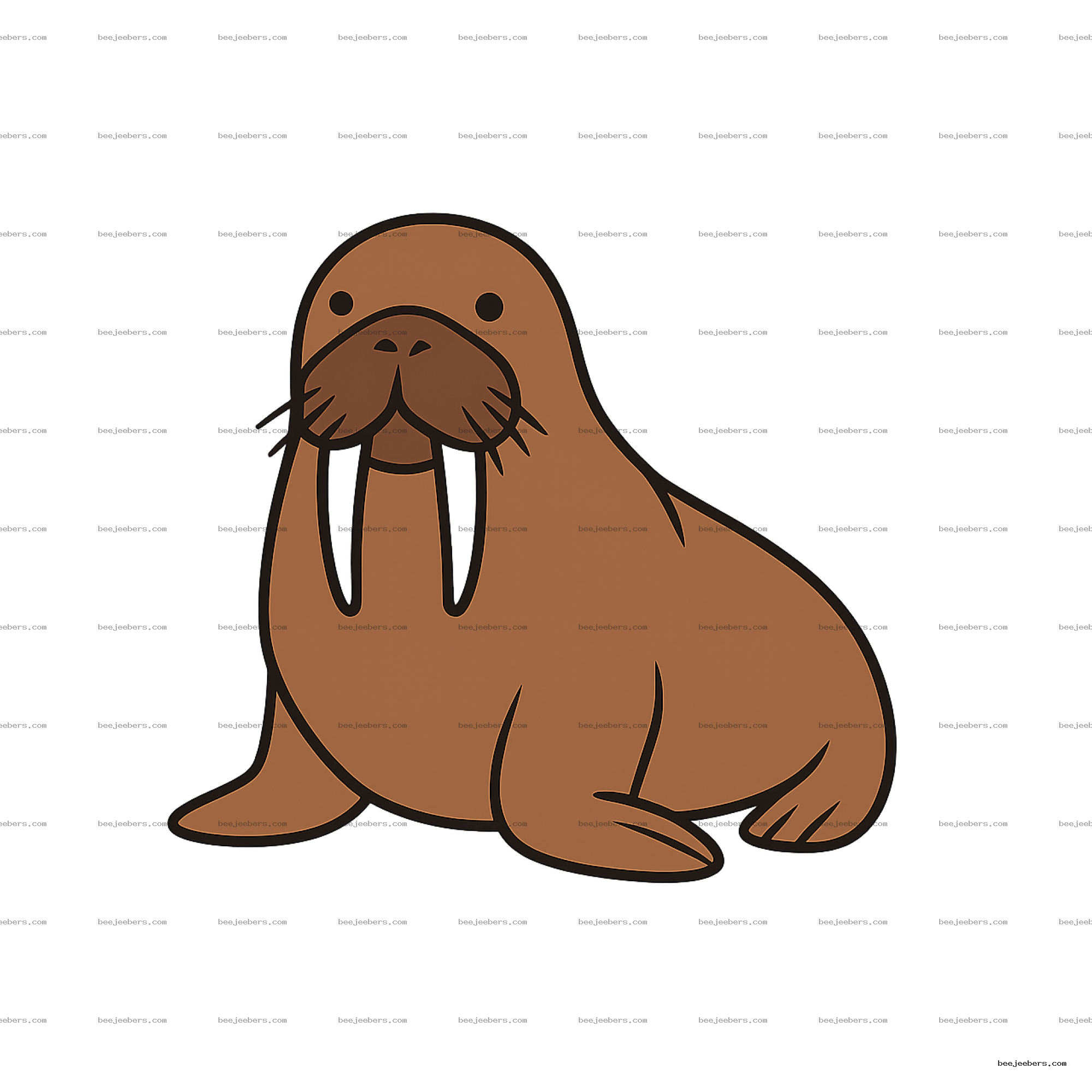 Clean vector illustration of a brown walrus with tusks on transparent background
