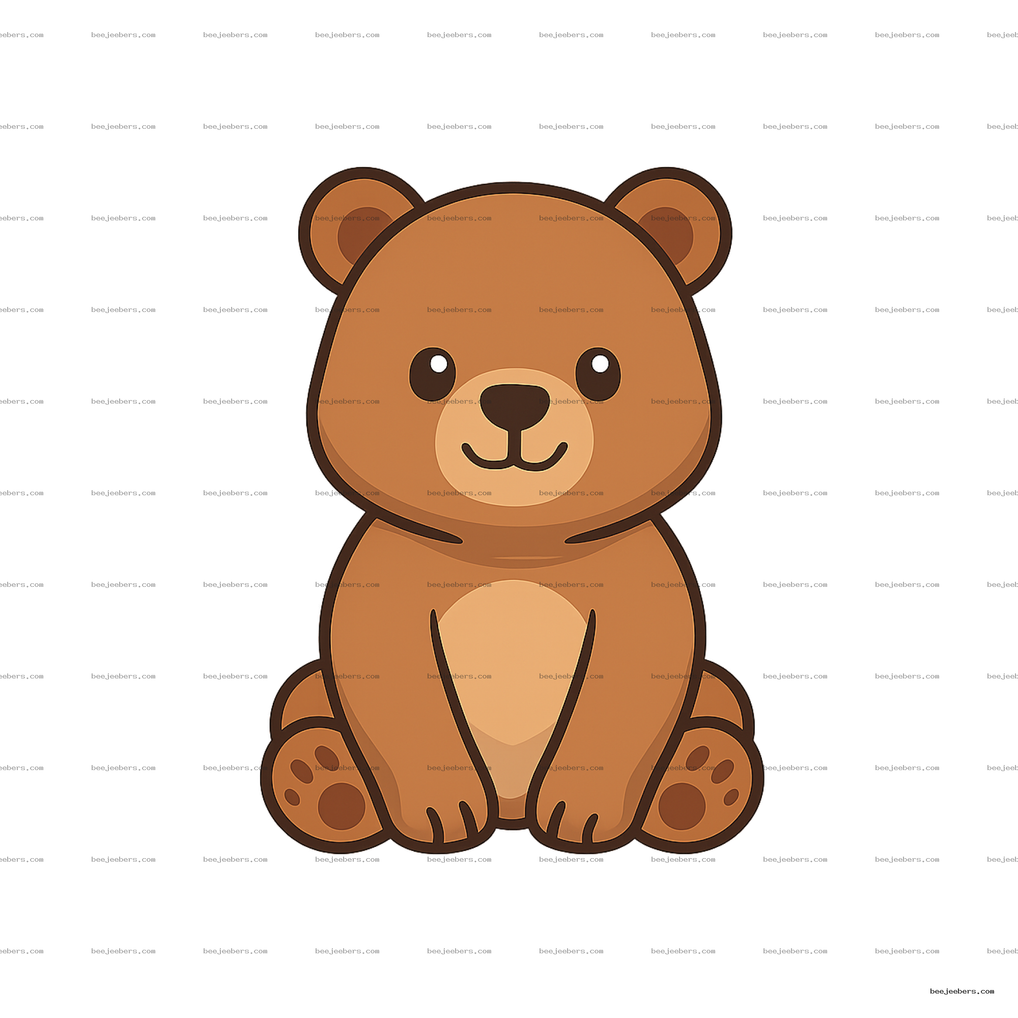 Clean vector cartoon illustration of a cute brown bear sitting with a happy face on transparent background