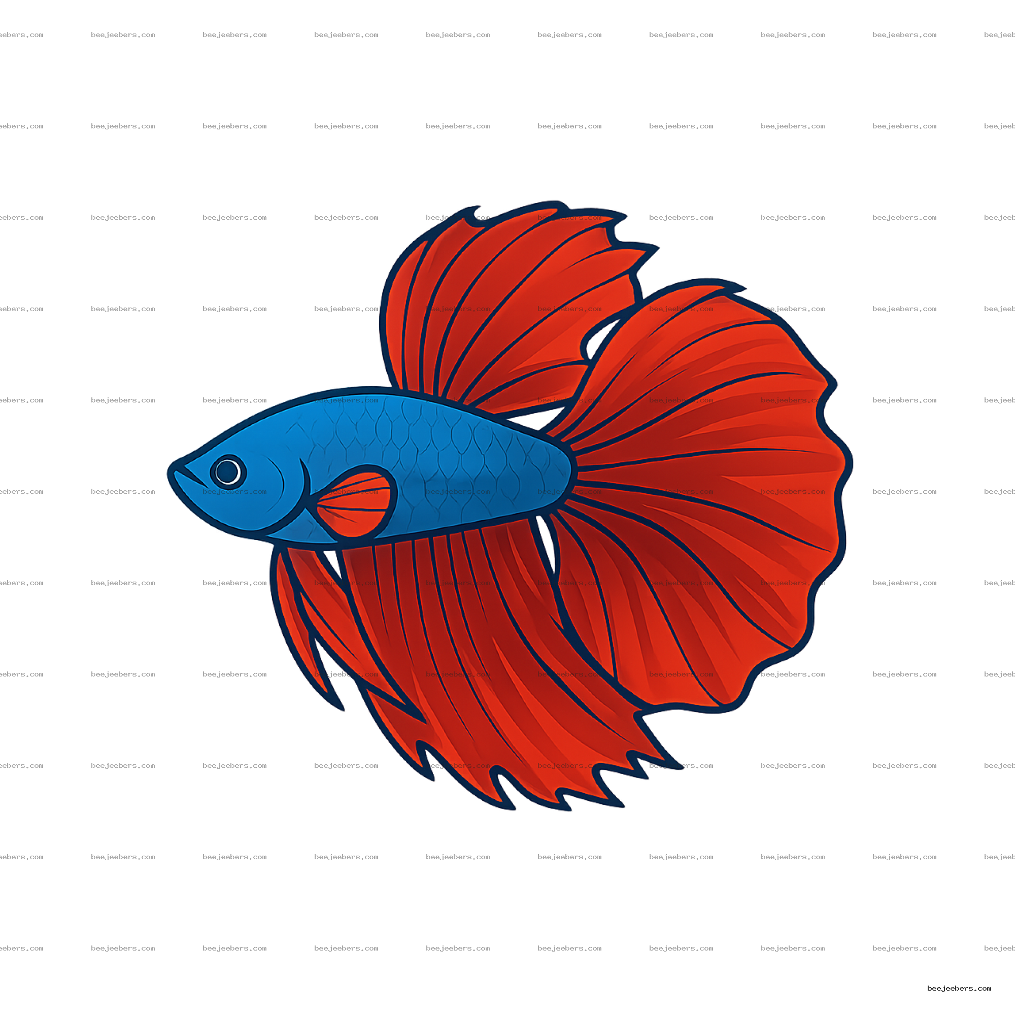 Blue betta fish with large red flowing fins in clean vector style on transparent background