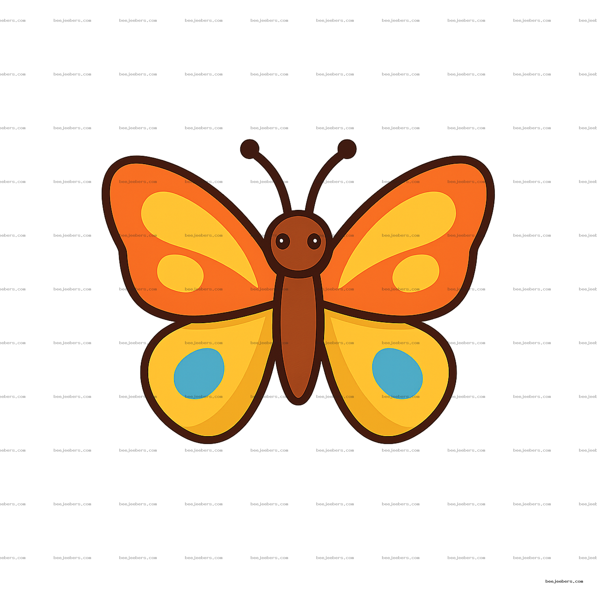 Bright orange and yellow cartoon butterfly PNG with blue spots on transparent background