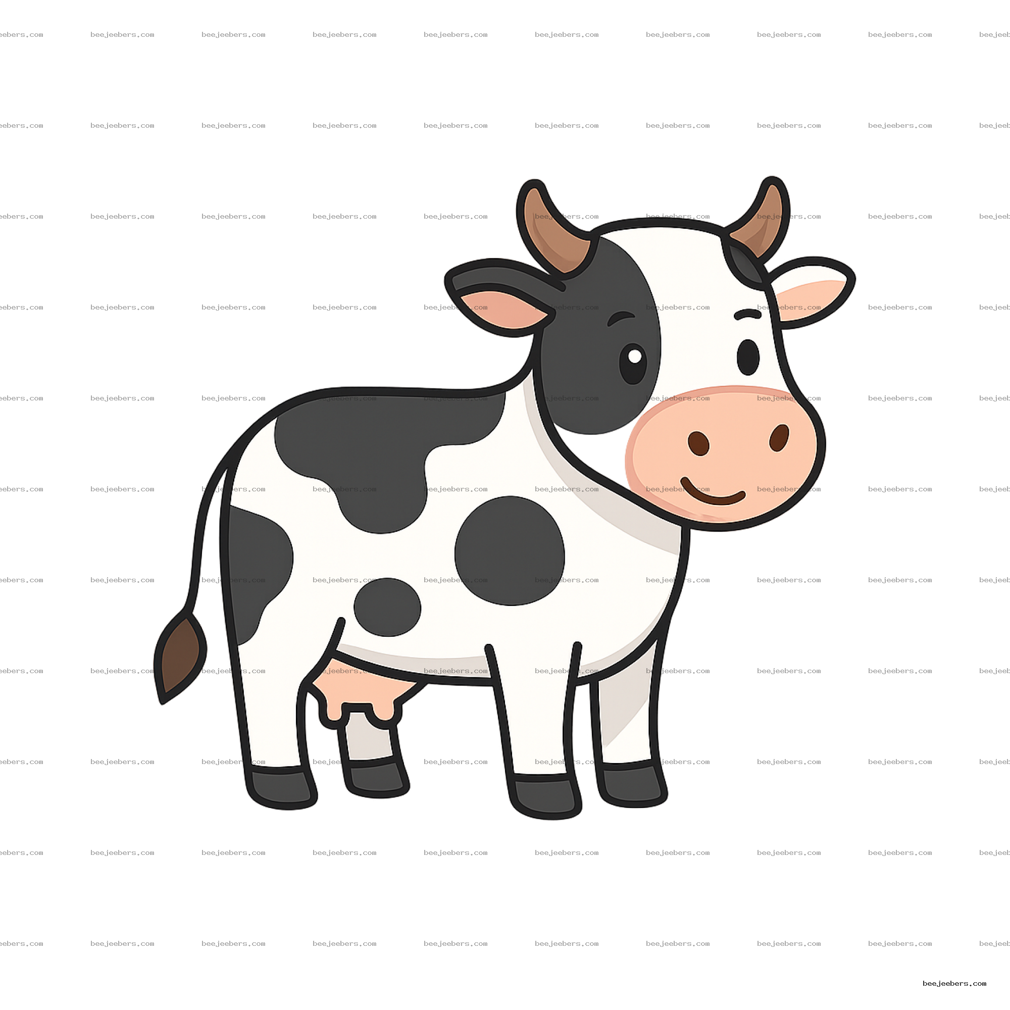 Cute cartoon cow illustration in clean vector style with black and white spots and a smiling face