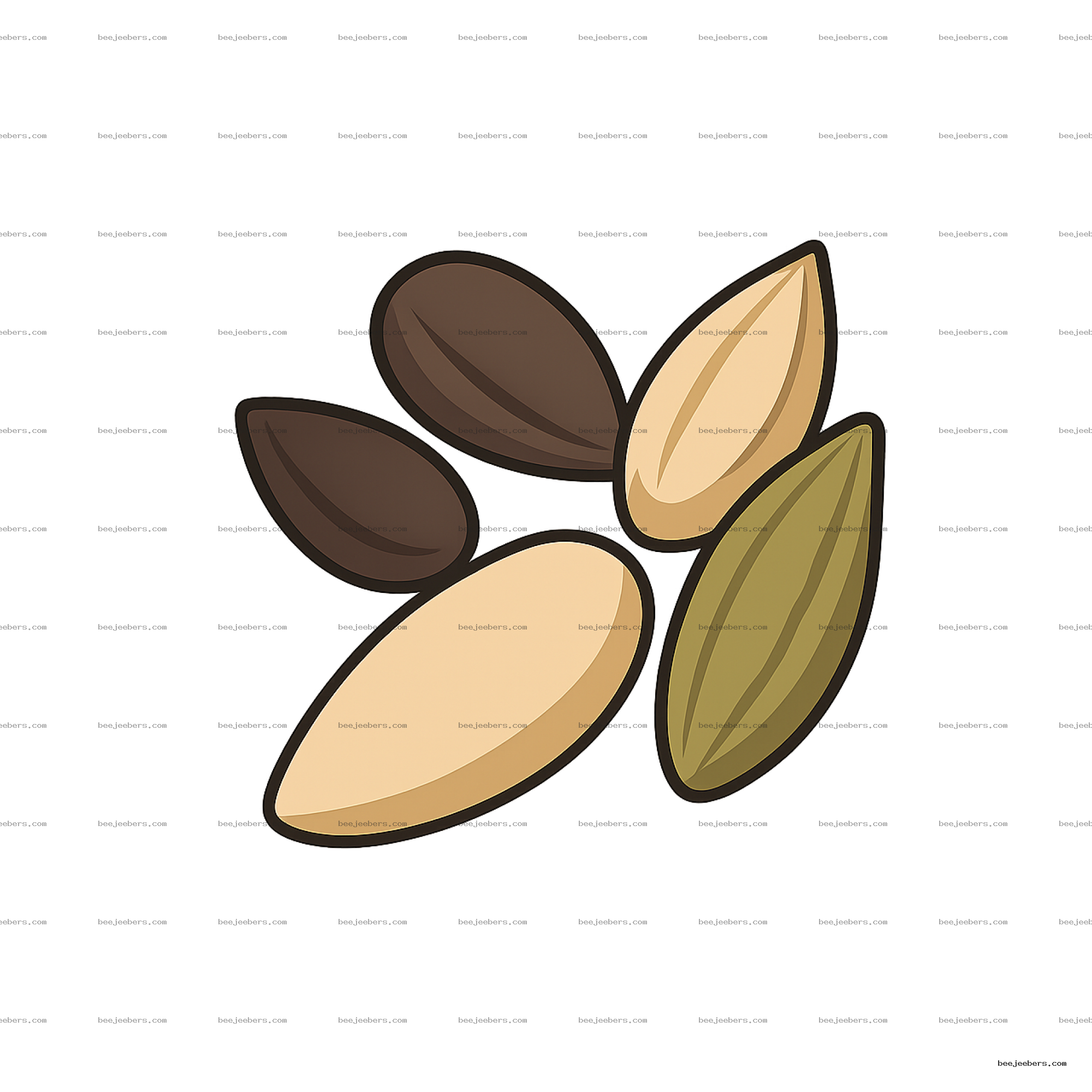 Clean vector illustration of a cluster of various seeds in brown, beige, and green on transparent background