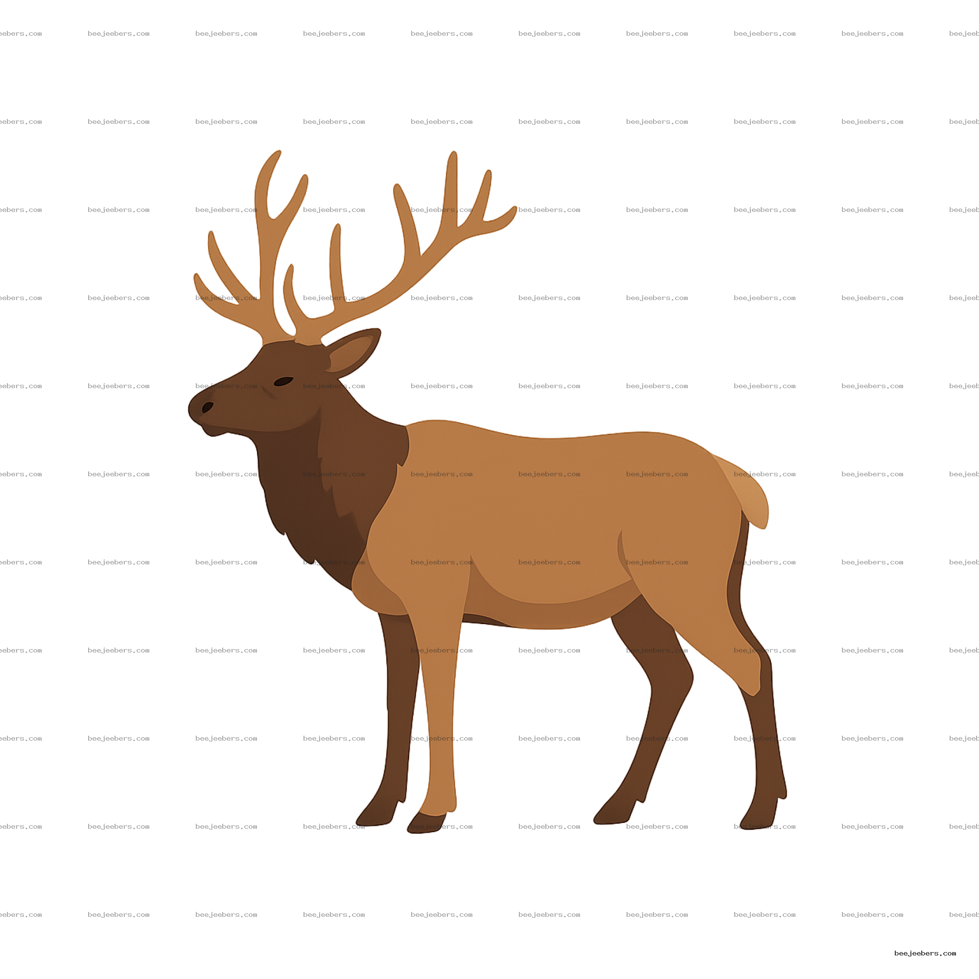 Clean vector illustration of a standing elk with antlers on transparent background