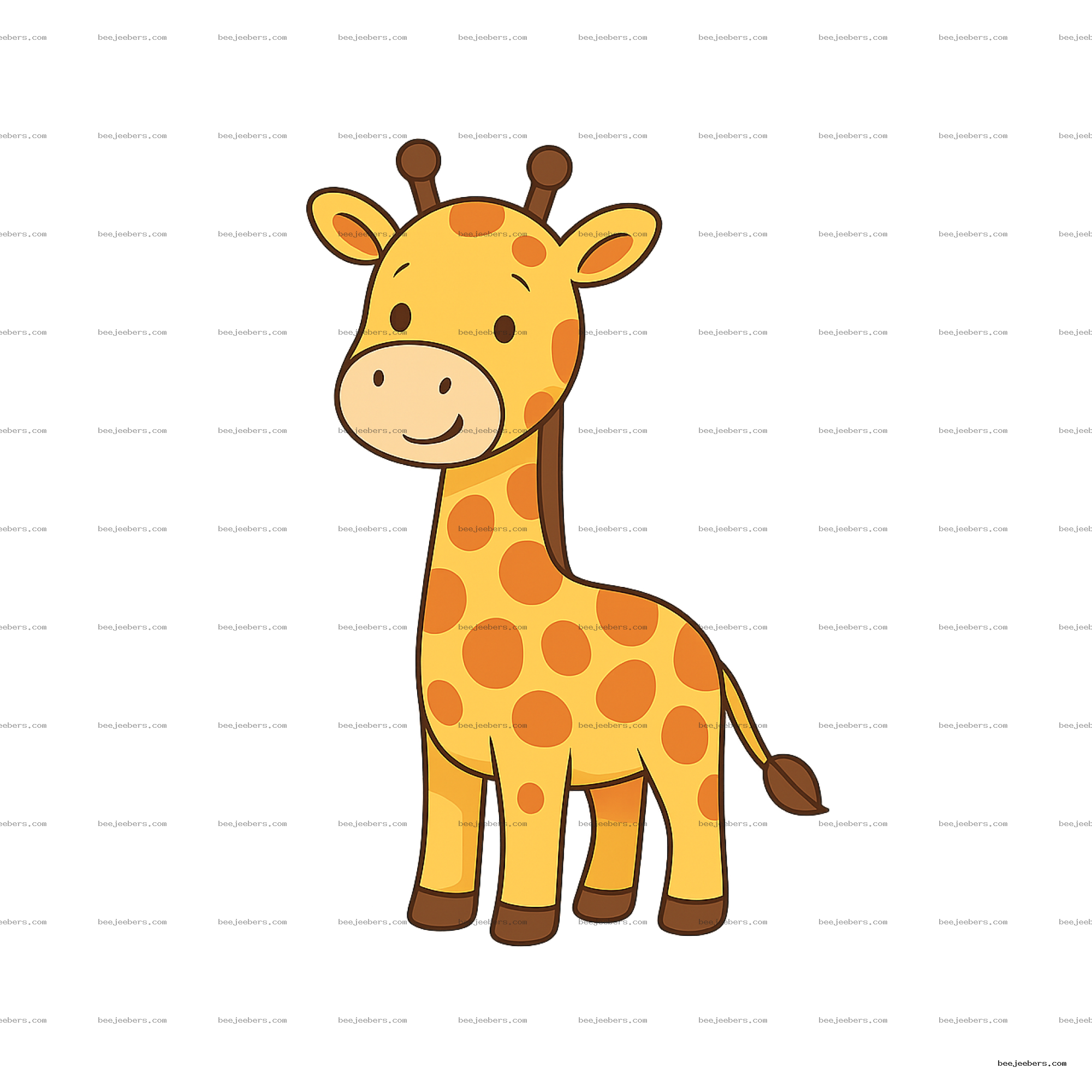 Cute cartoon giraffe with yellow body and brown spots smiling on transparent background