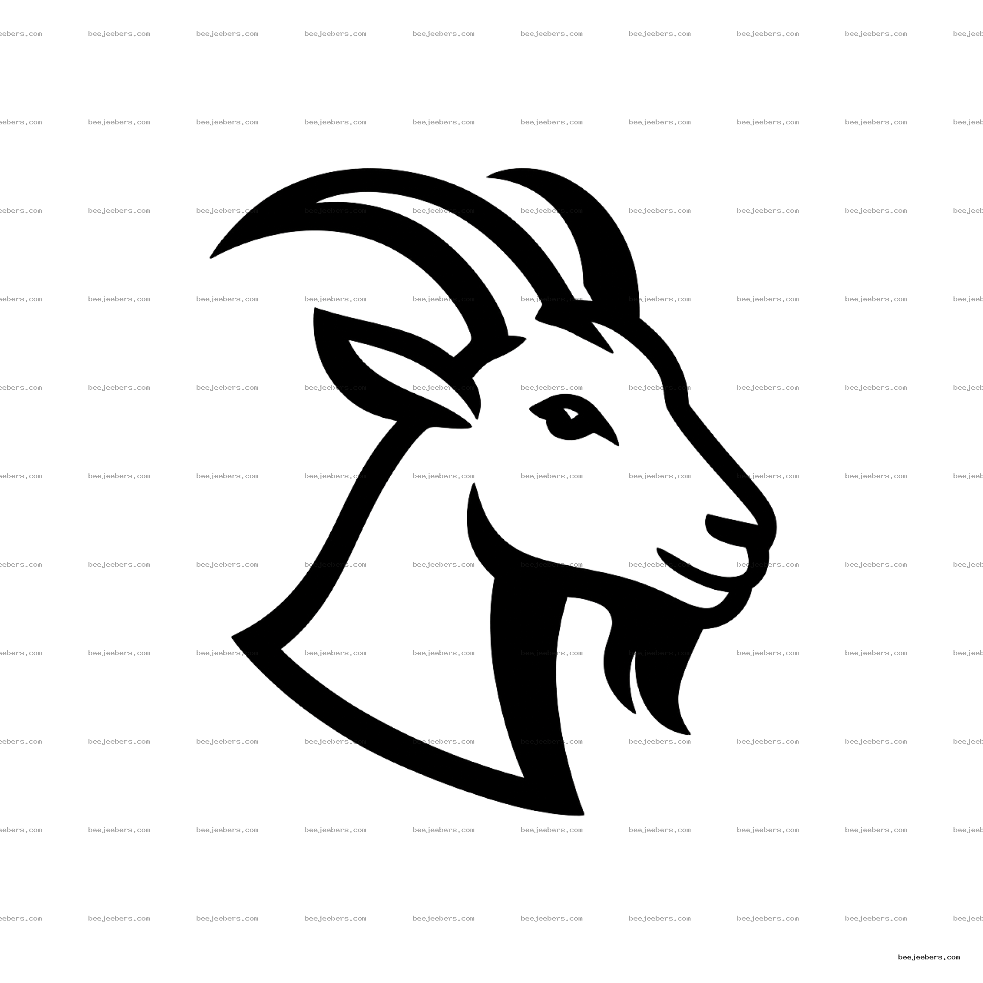 Black clean vector silhouette of a goat head with curved horns on transparent background