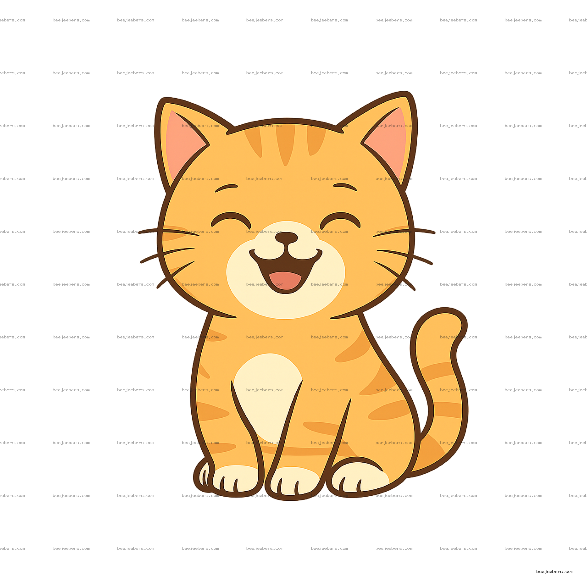 Happy orange tabby cat sitting and smiling with closed eyes in clean vector style