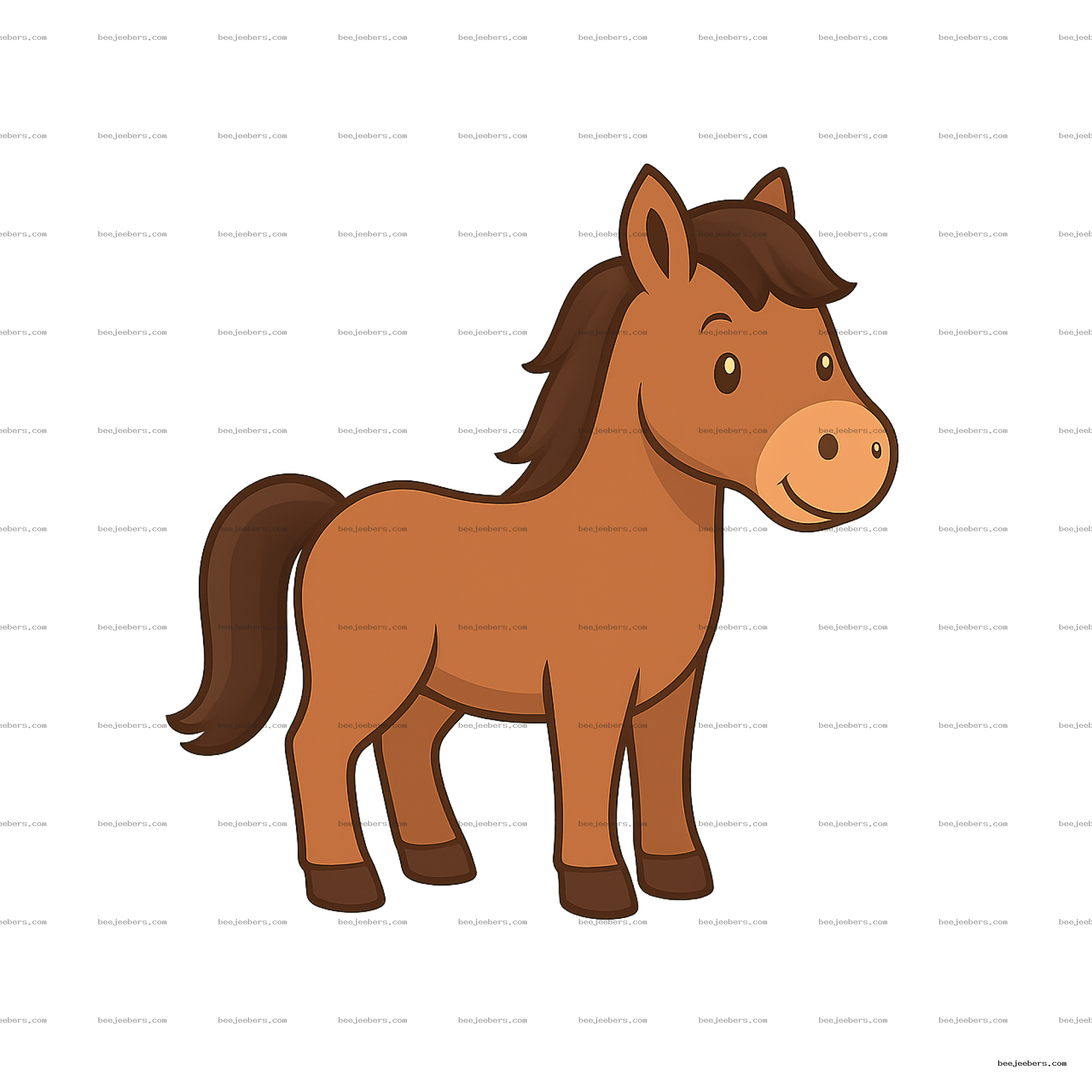 Cute brown cartoon horse standing and smiling with a dark brown mane, transparent background