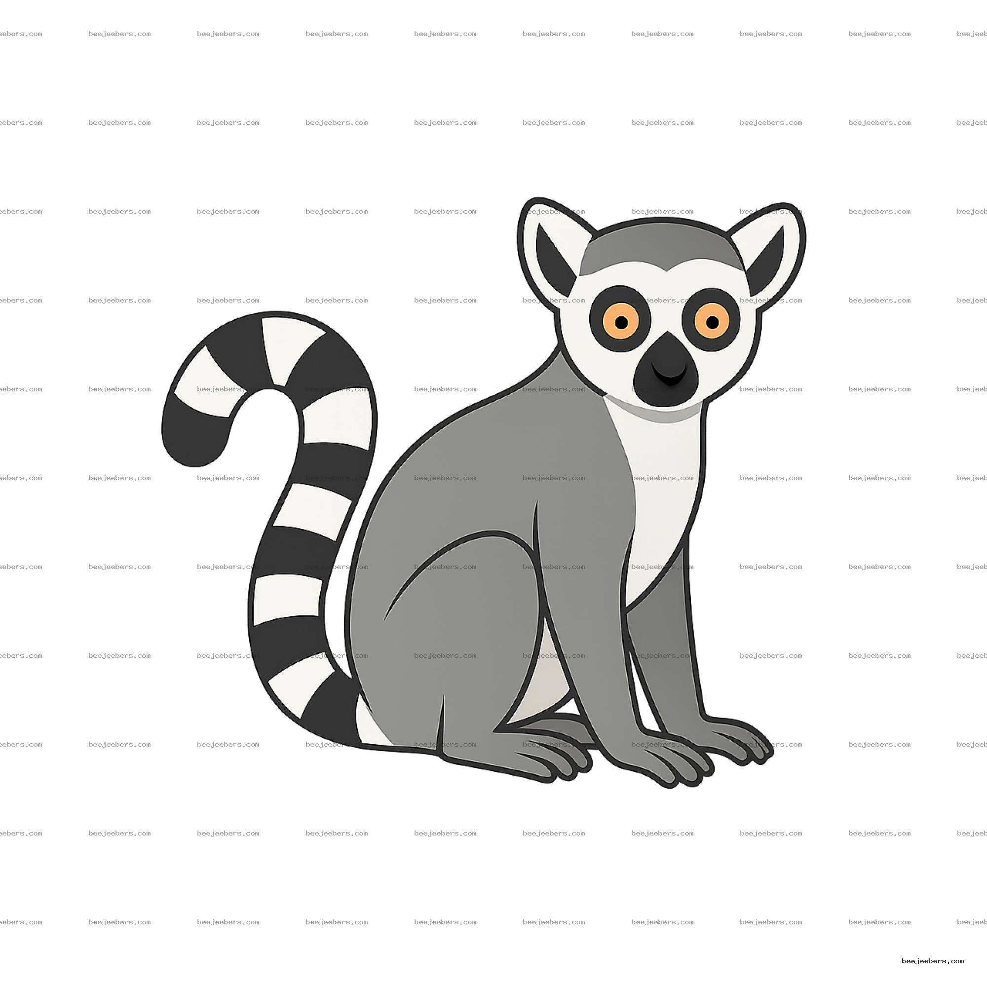 Clean vector illustration of a sitting ring-tailed lemur with striped tail on transparent background