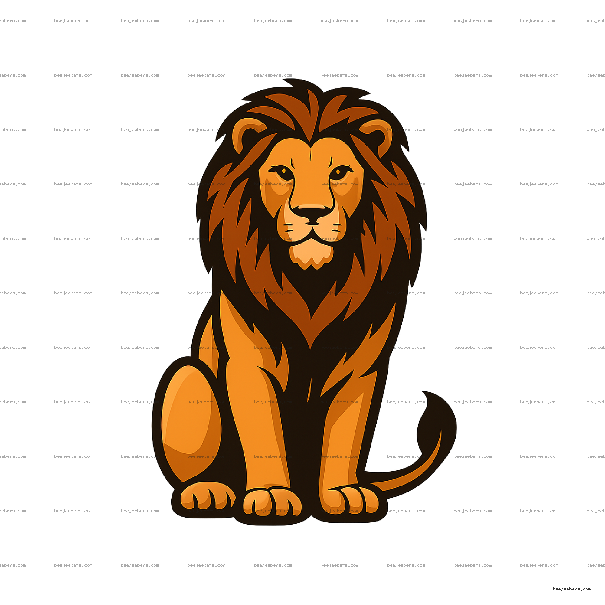 Front-facing clean vector lion with detailed mane in orange shades on transparent background