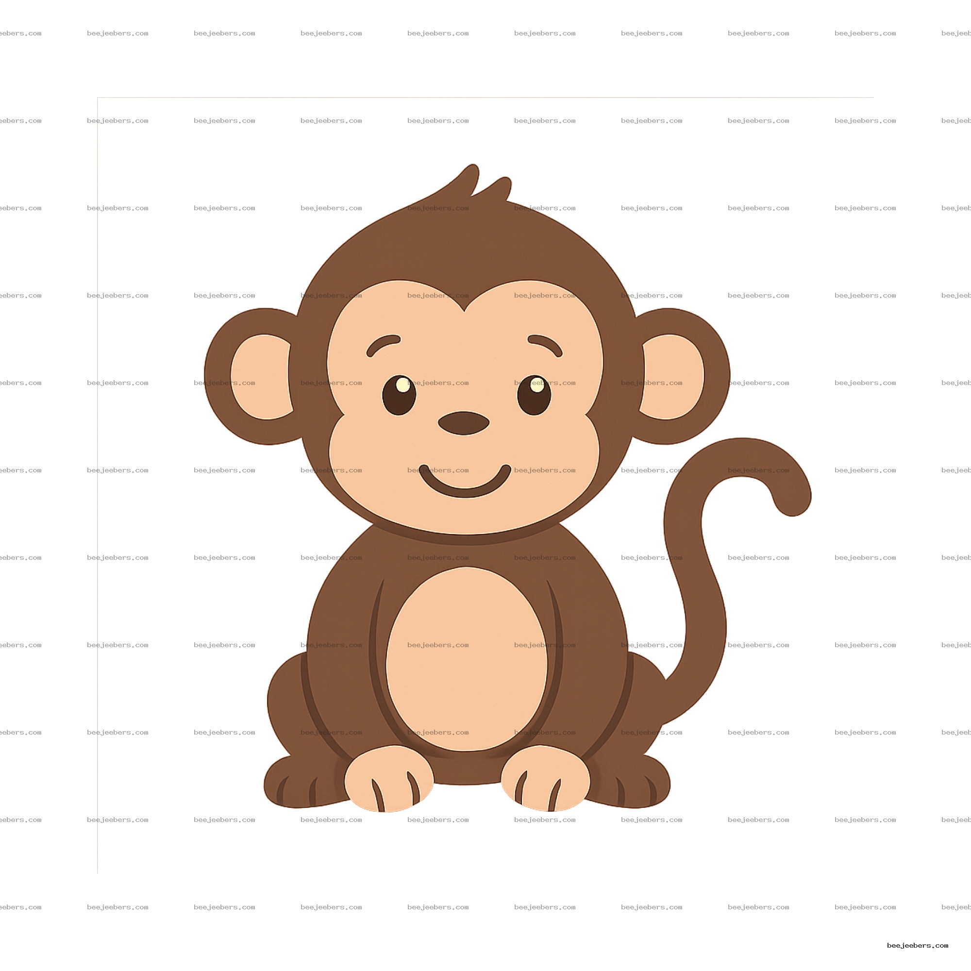 Smiling cartoon monkey sitting with big ears and curled tail on transparent background