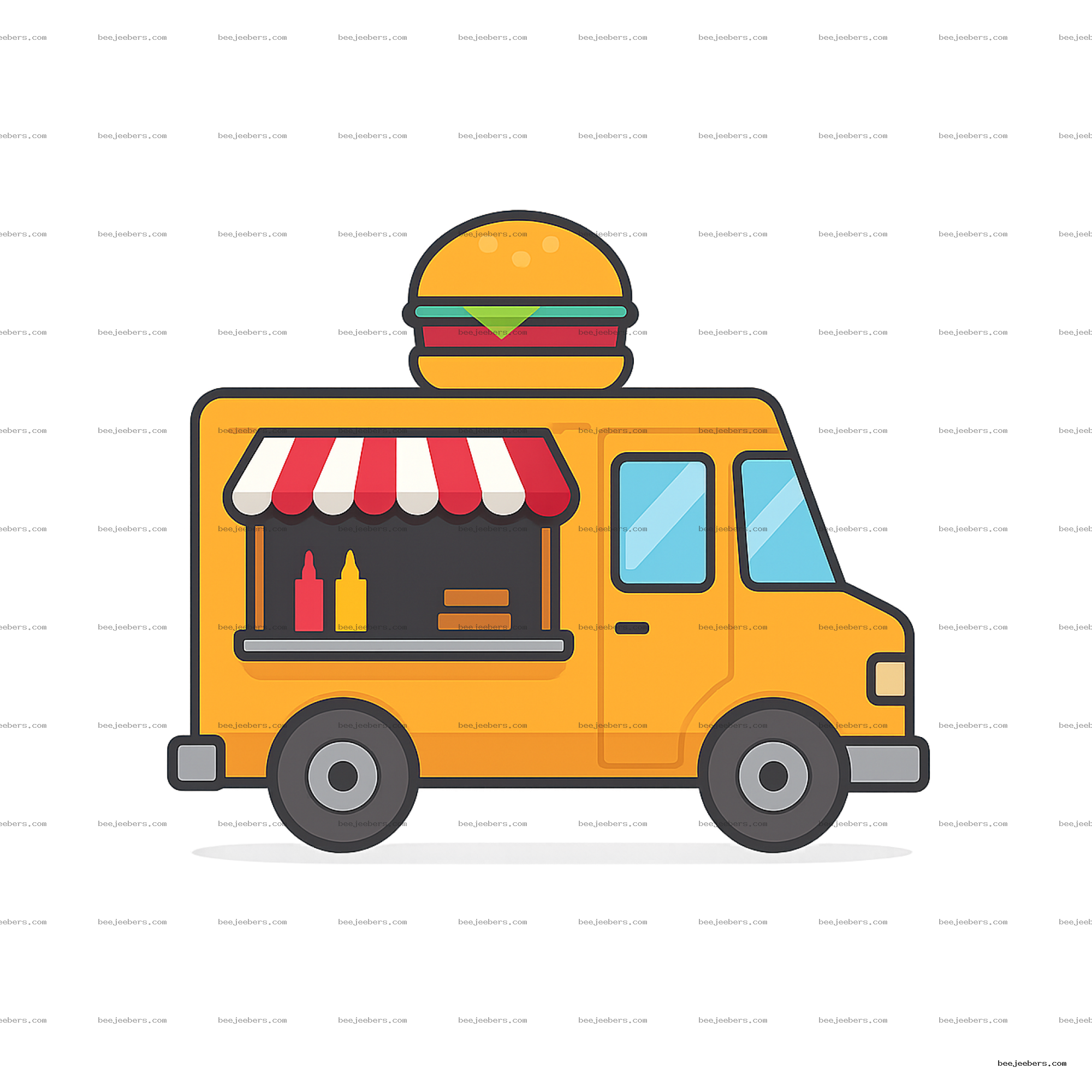 Yellow food truck with red and white awning and hamburger sign in clean vector PNG