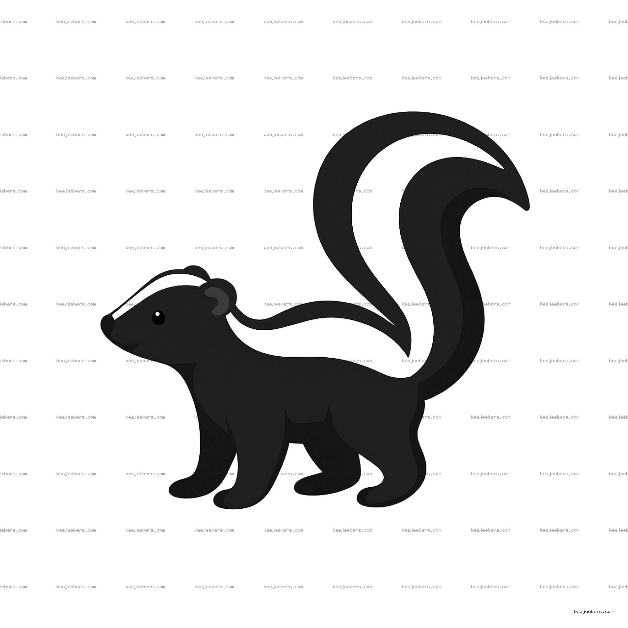 Cute black and white skunk cartoon with bold stripes in clean vector style on transparent background