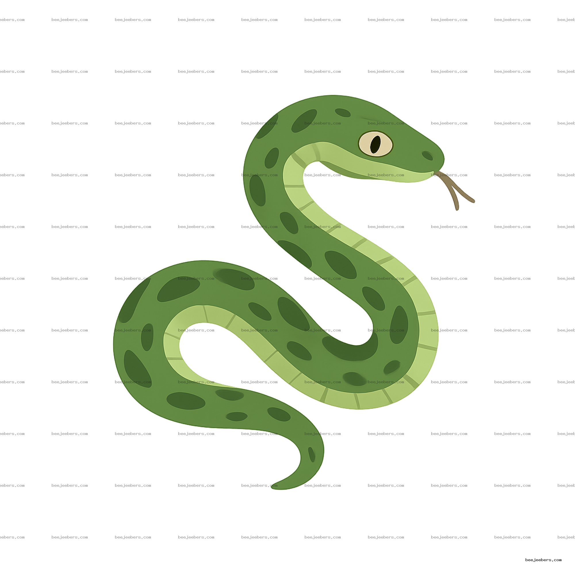 Green cartoon snake with dark spots and forked tongue on transparent background PNG