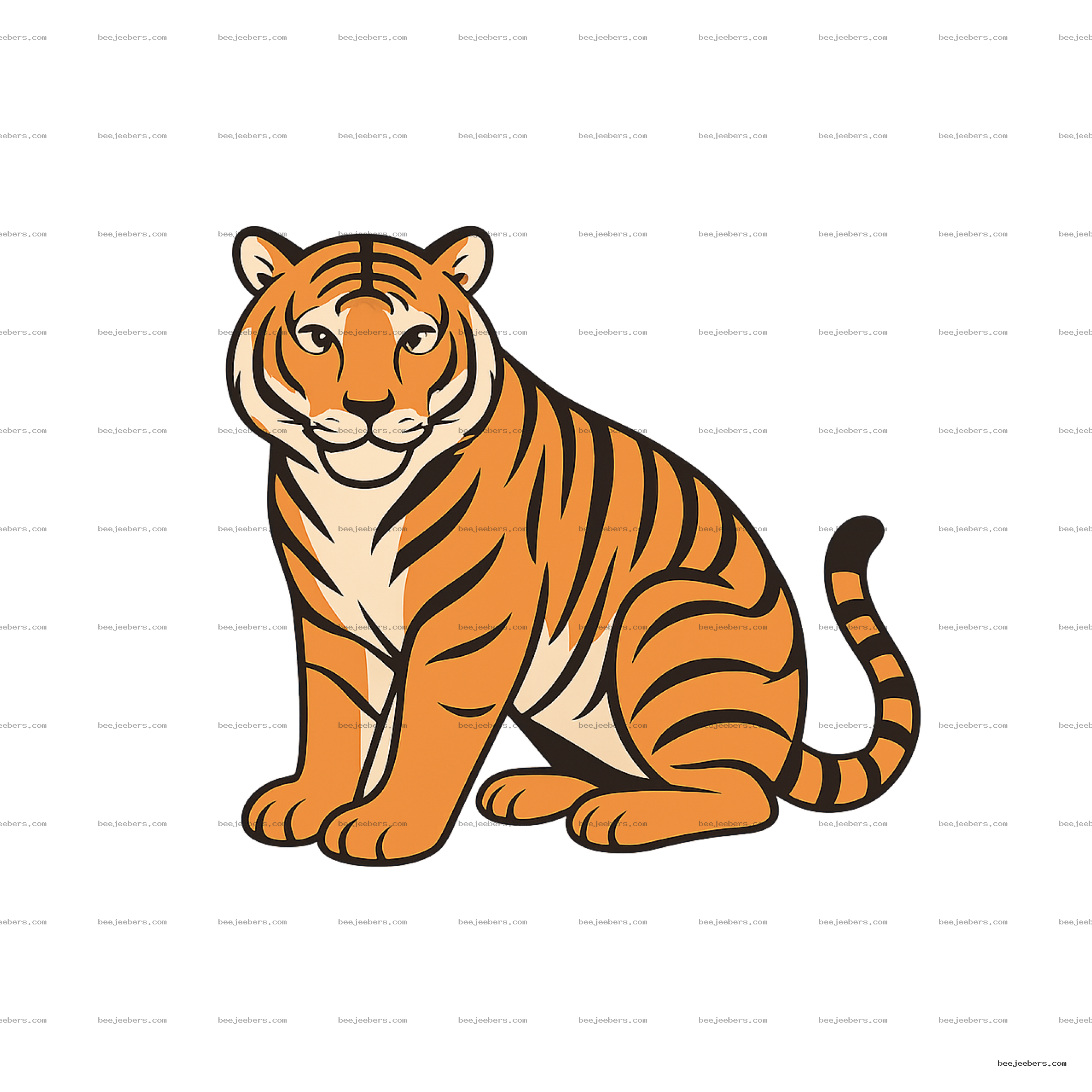 Clean vector illustration of a sitting tiger with orange and black stripes on transparent background