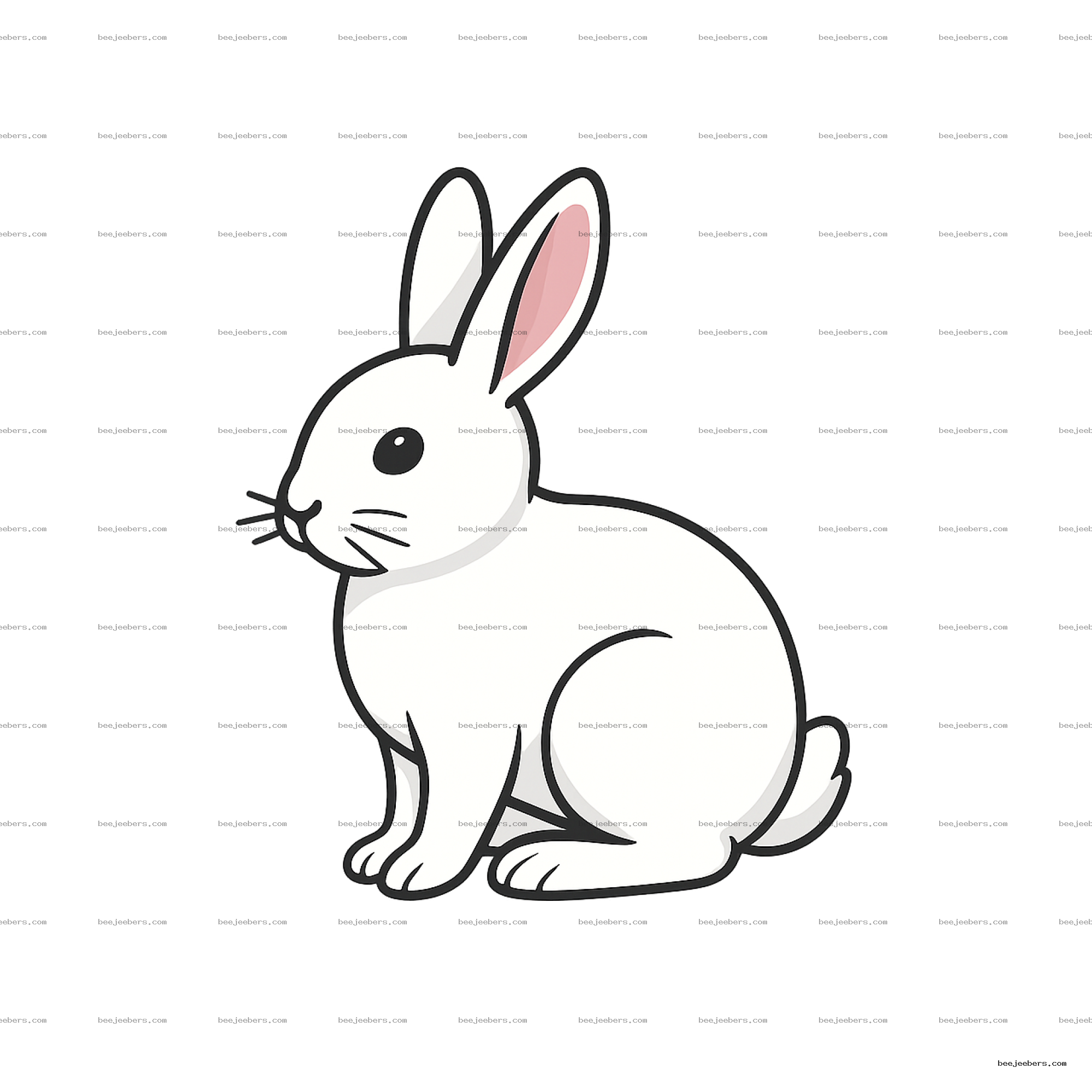 Clean vector illustration of a white rabbit with pink ears sitting on transparent background