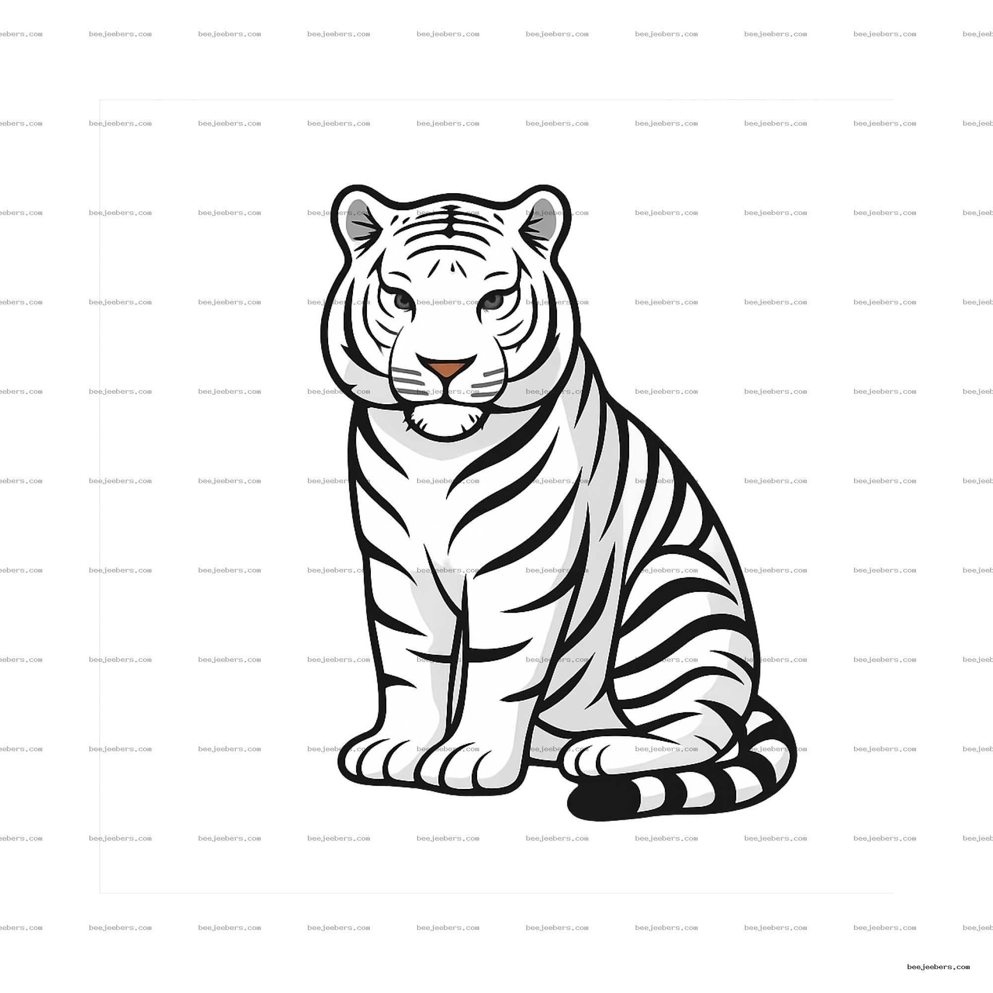 Clean vector white tiger sitting with black stripes on transparent background digital clipart