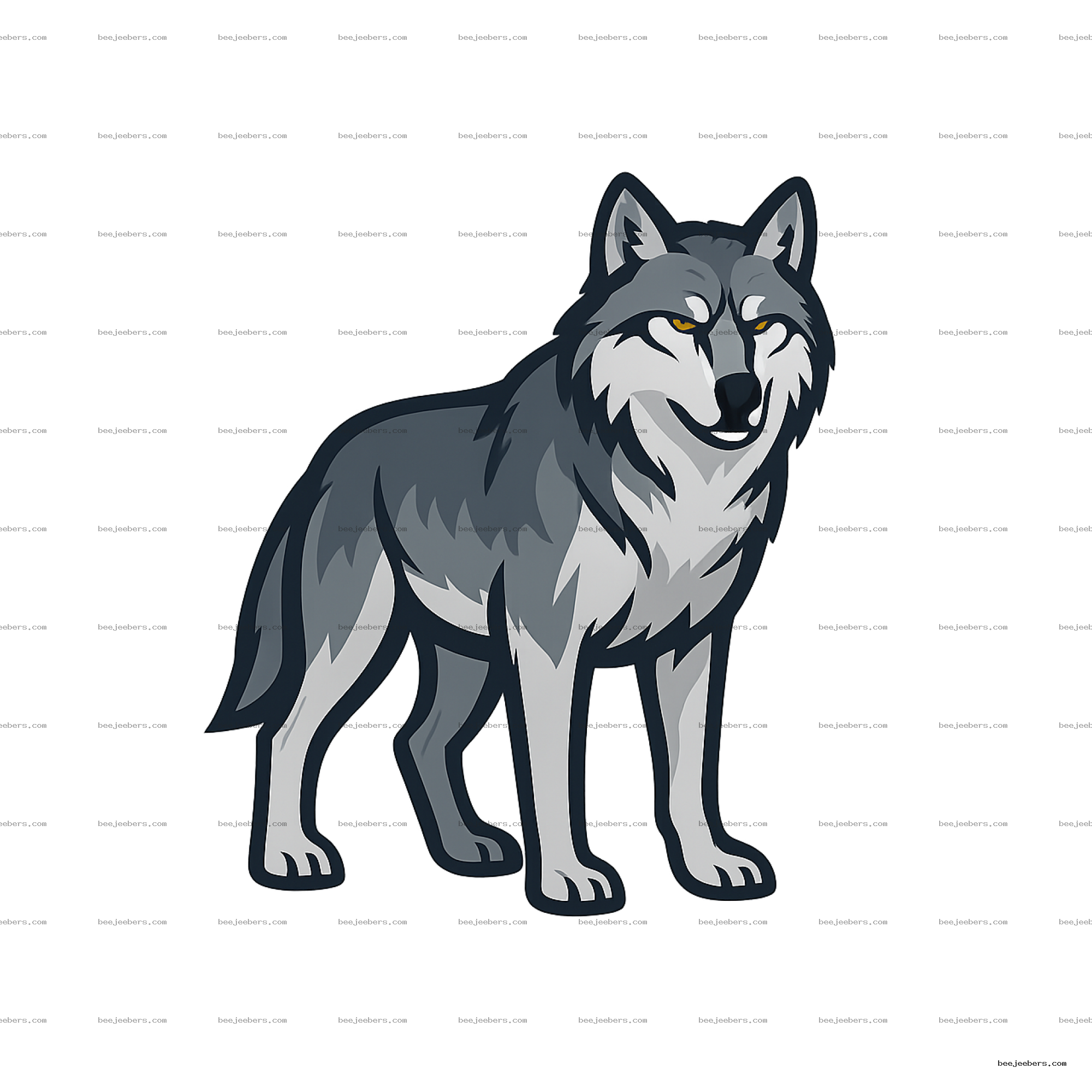 Clean vector illustration of a gray alpha wolf with yellow eyes, standing confident on transparent background