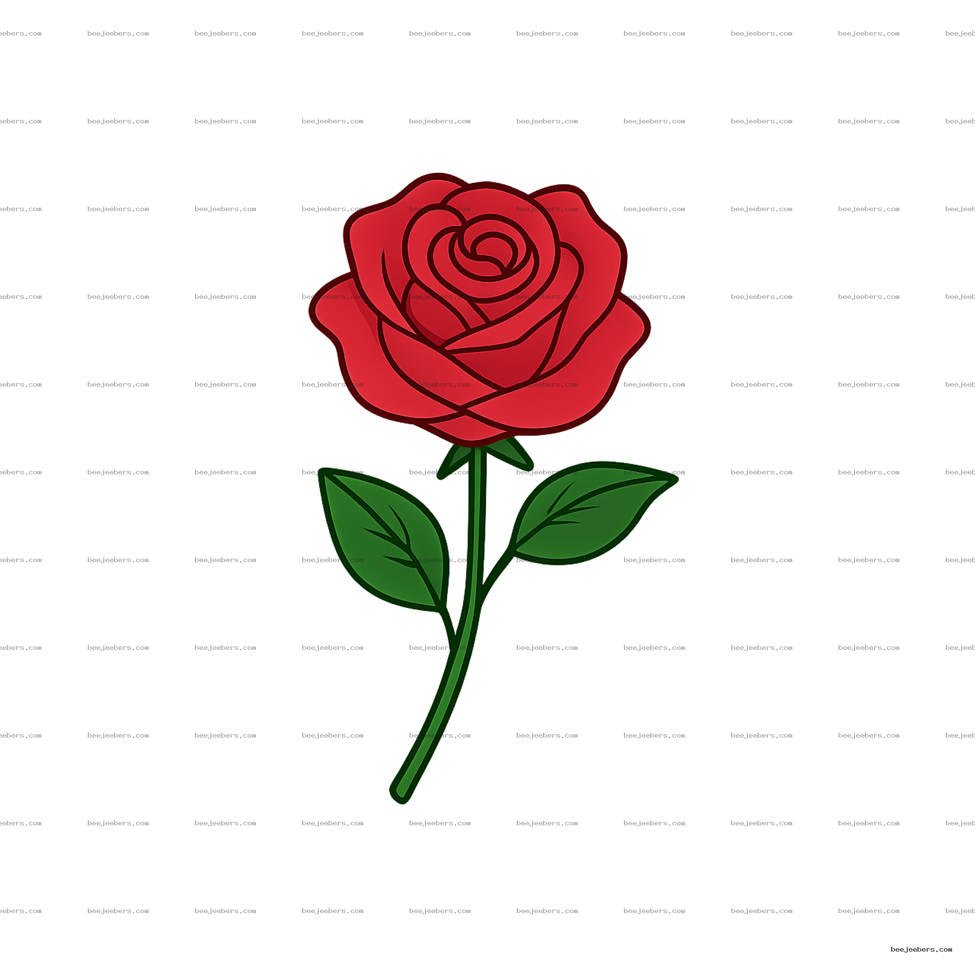 Clean vector red rose flower with green stem and leaves on transparent background