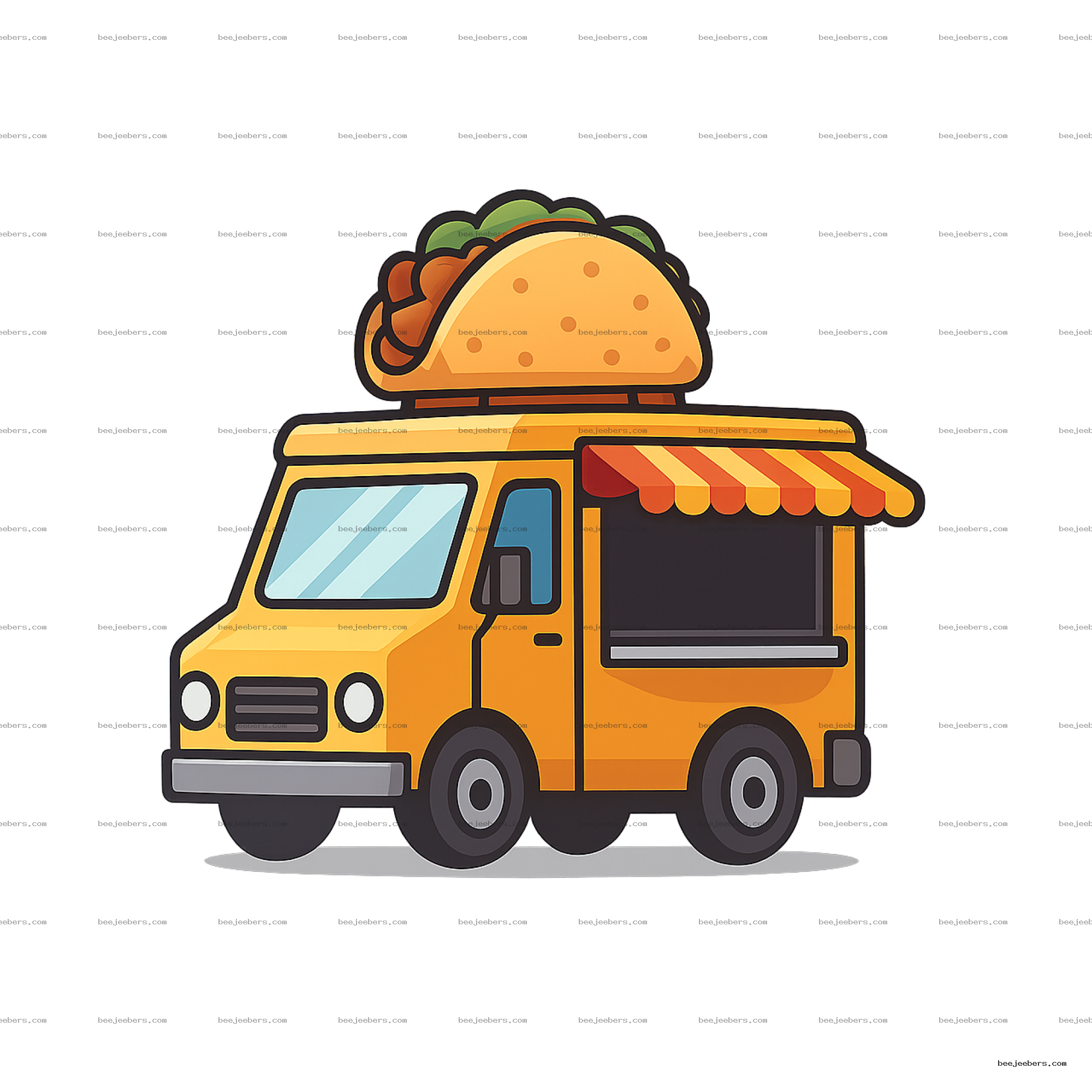 Yellow taco truck with striped awning and large taco on the roof, clean vector clipart with transparent background
