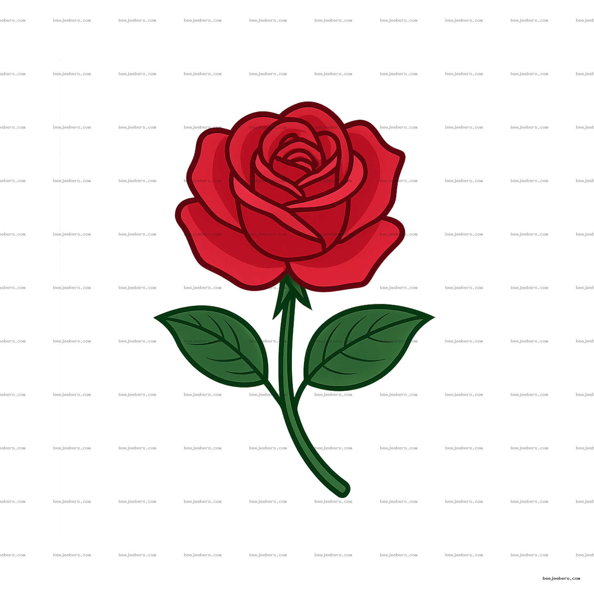Clean vector illustration of a red rose flower with green stem and leaves on transparent background