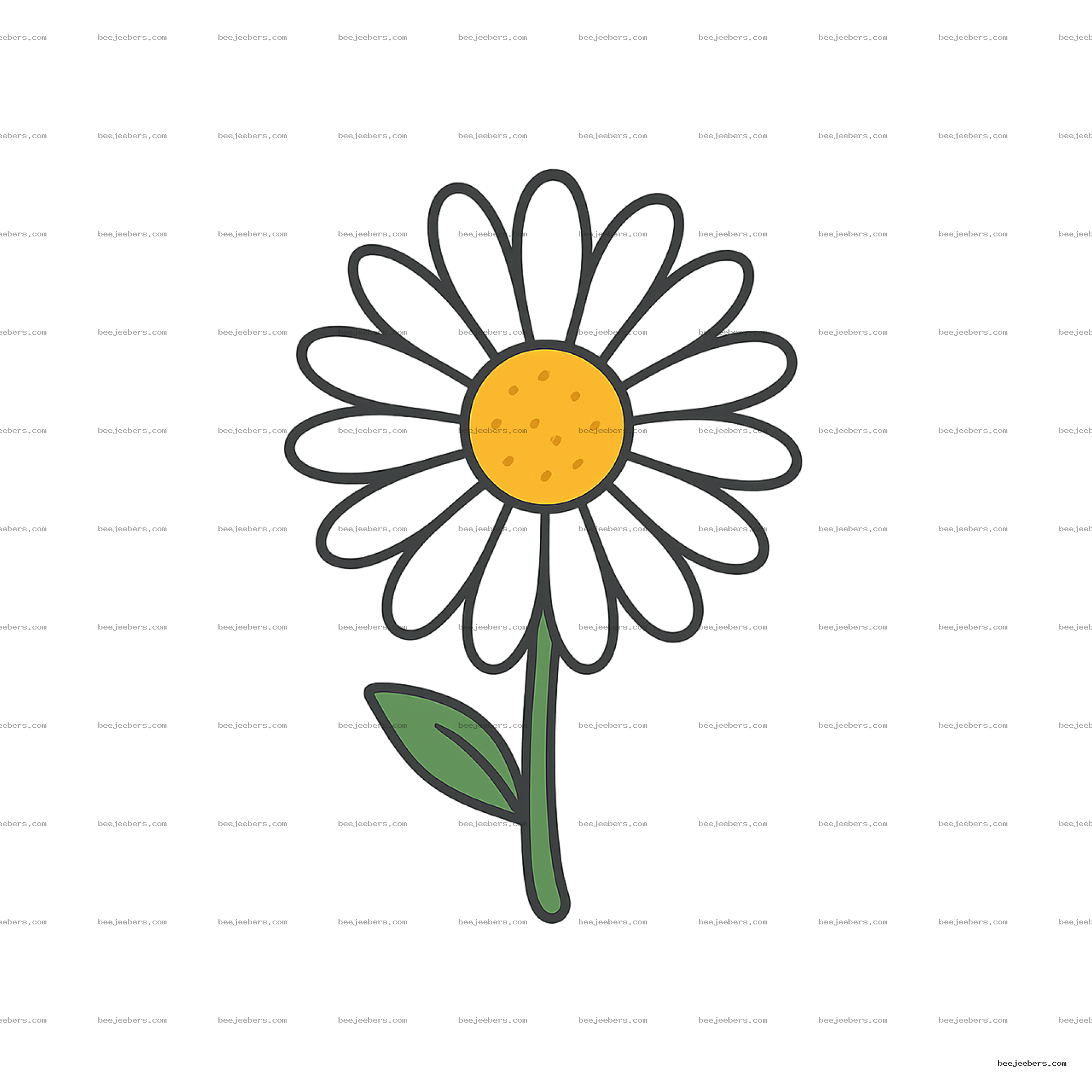 Clean vector daisy flower with yellow center and green stem on transparent background