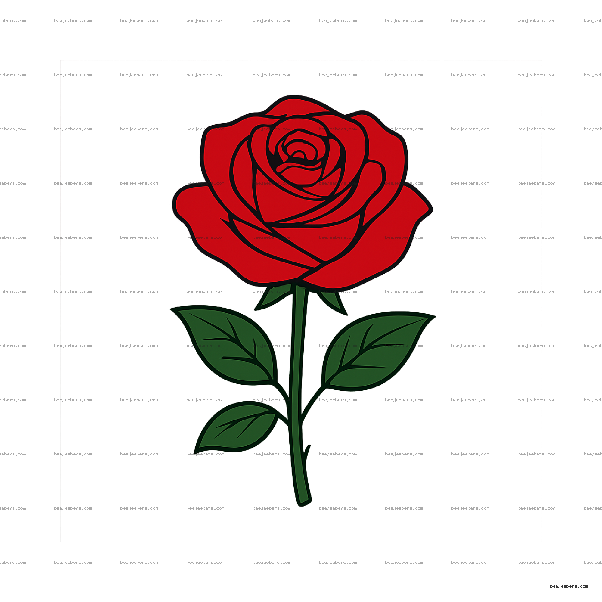 Clean vector red rose with green stem and leaves on transparent background