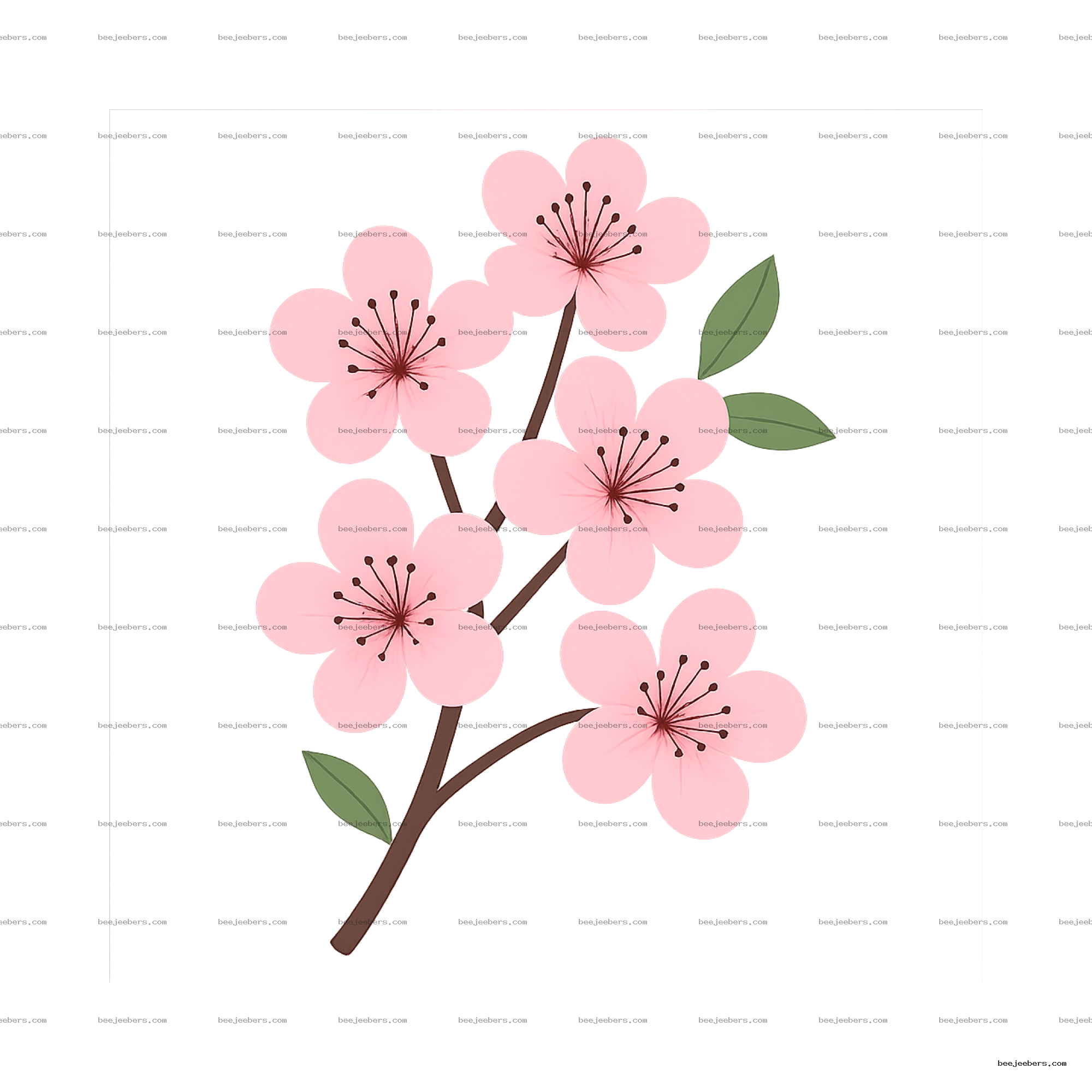 Vector cherry blossom branch with pink flowers and green leaves on transparent background