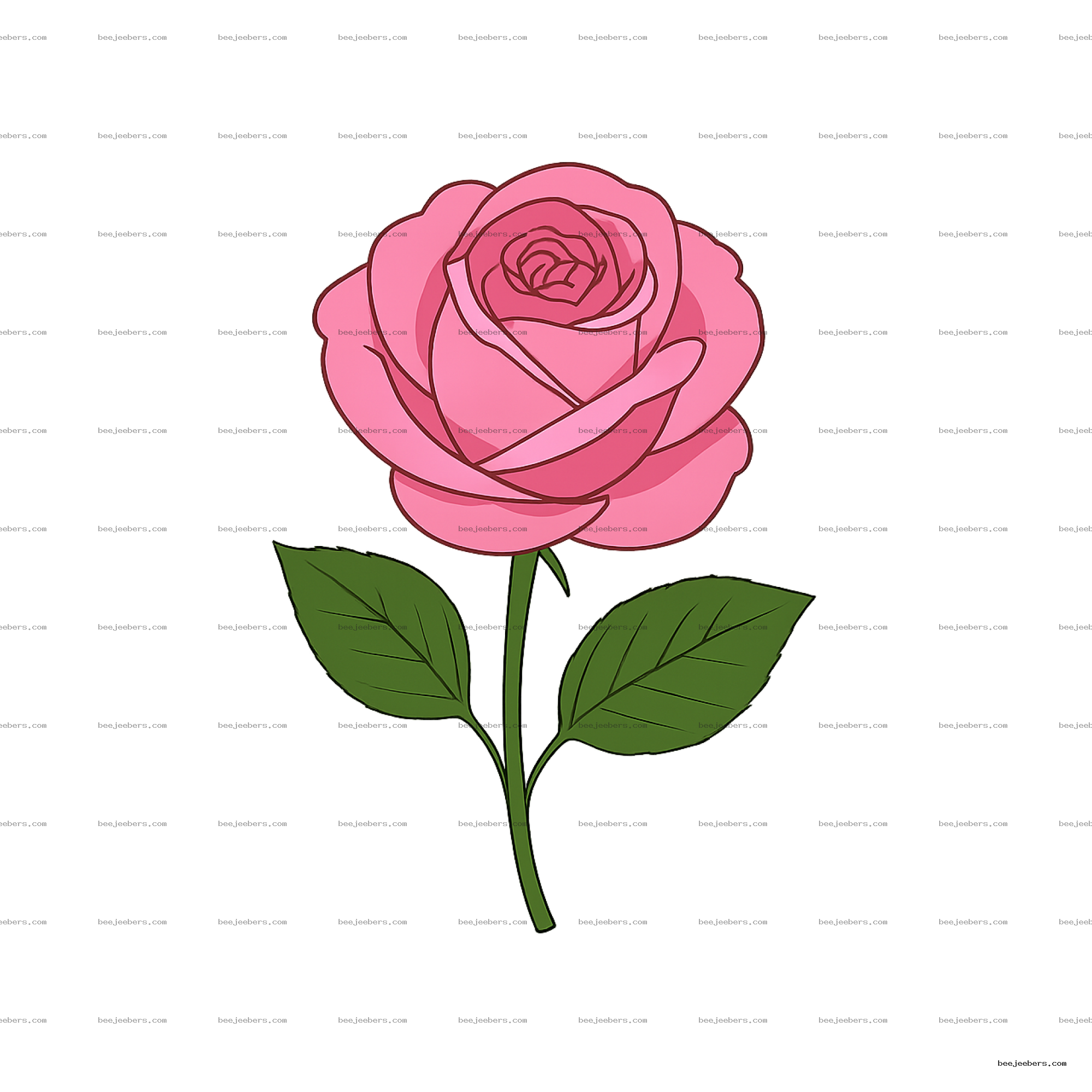 Clean vector illustration of a single pink rose with green stem and leaves on transparent background
