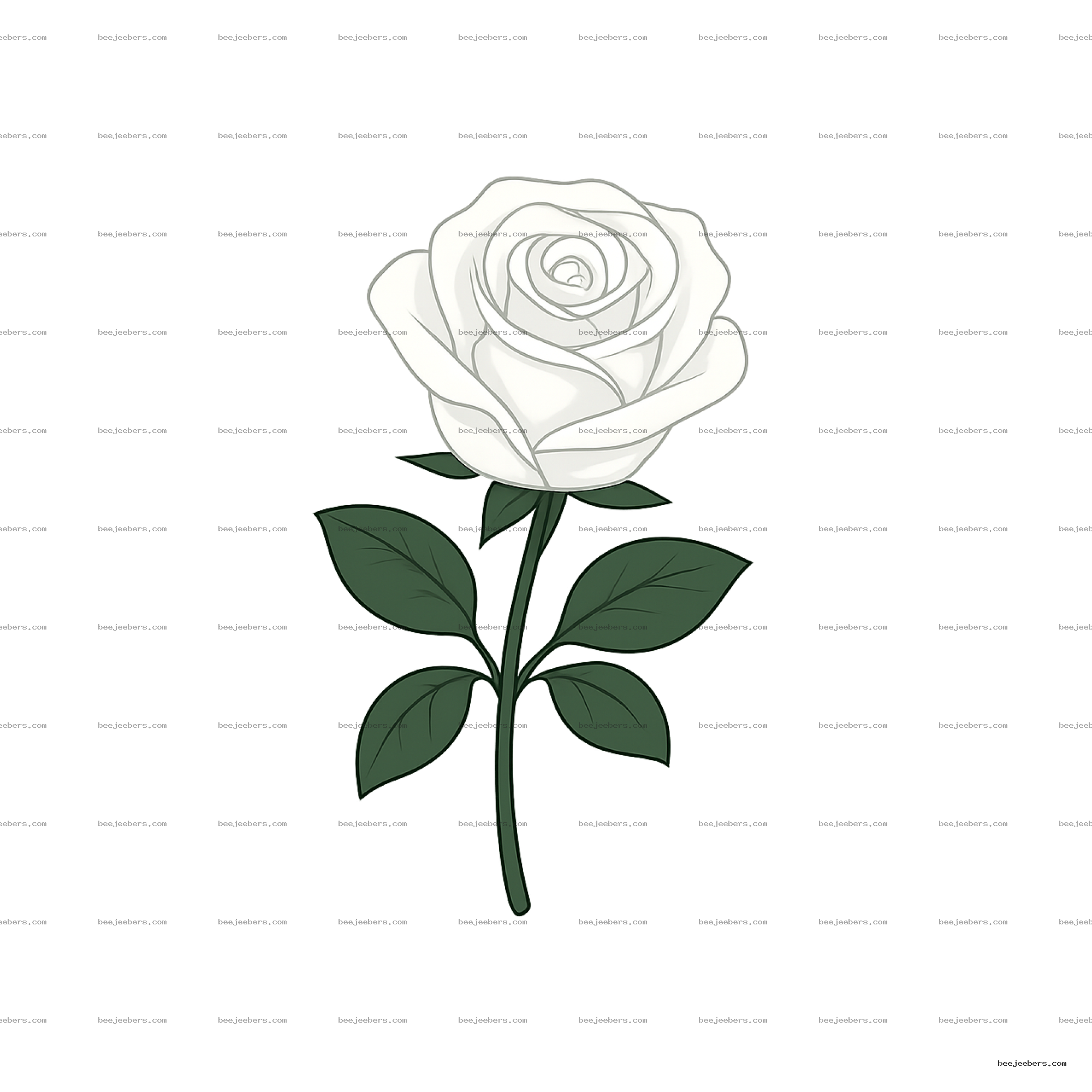 Clean vector illustration of a white rose with green leaves on transparent background