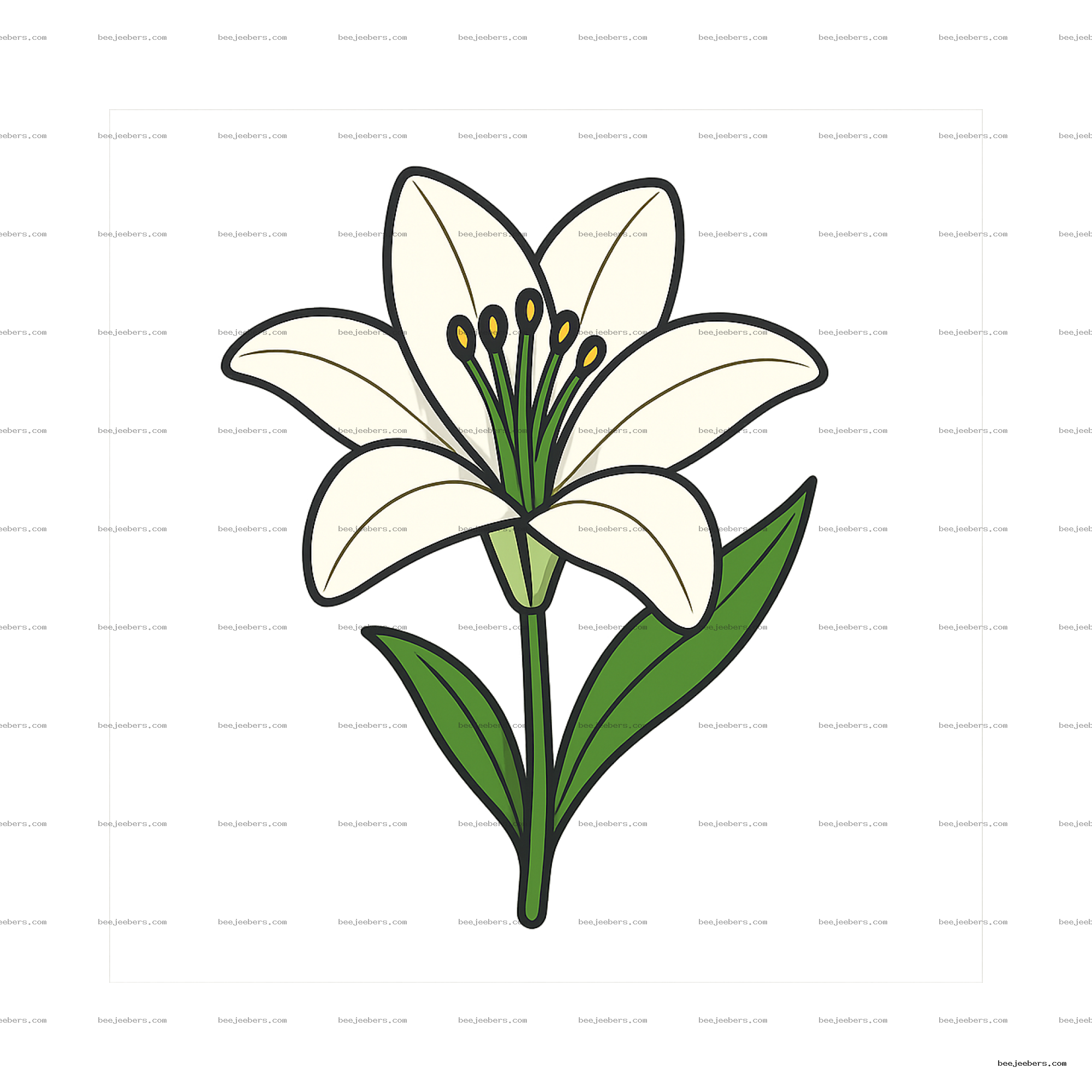 Clean vector illustration of white lily flower with green stem and leaves on transparent background