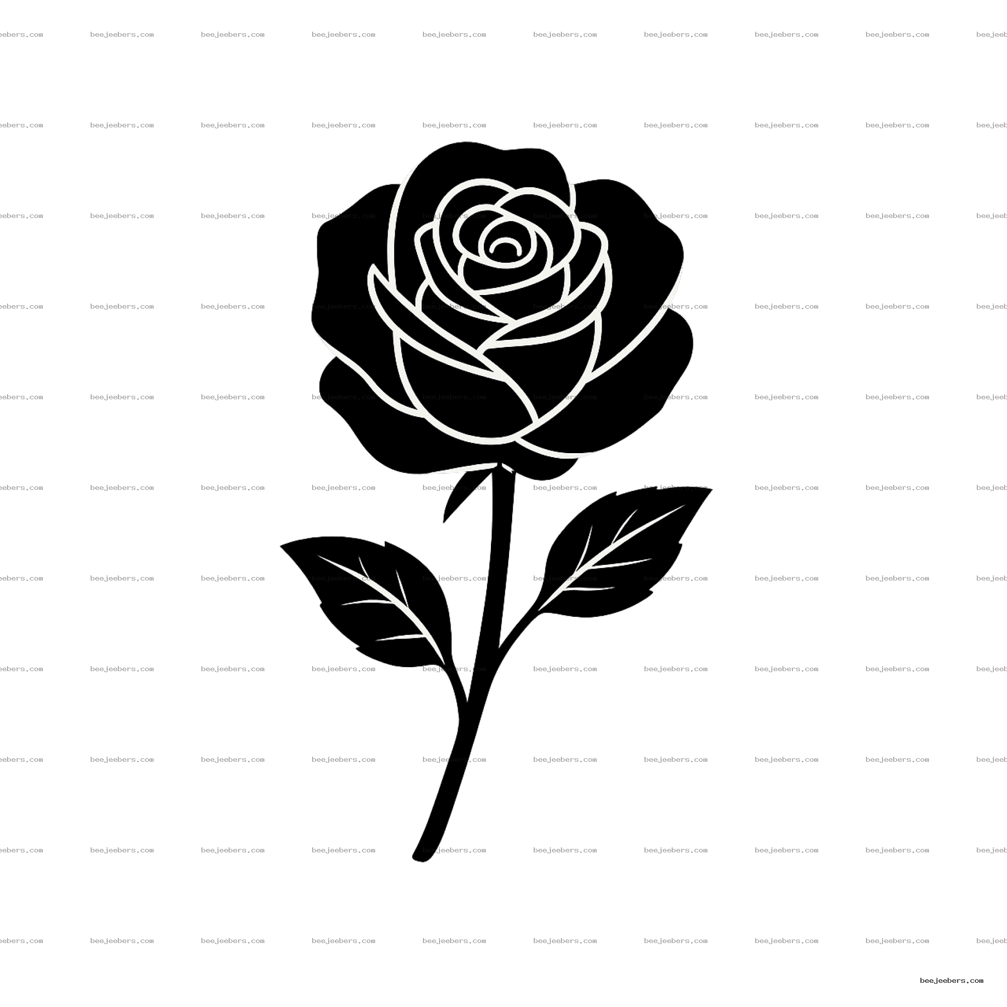 Clean vector black rose with outlined petals and leaves on transparent background