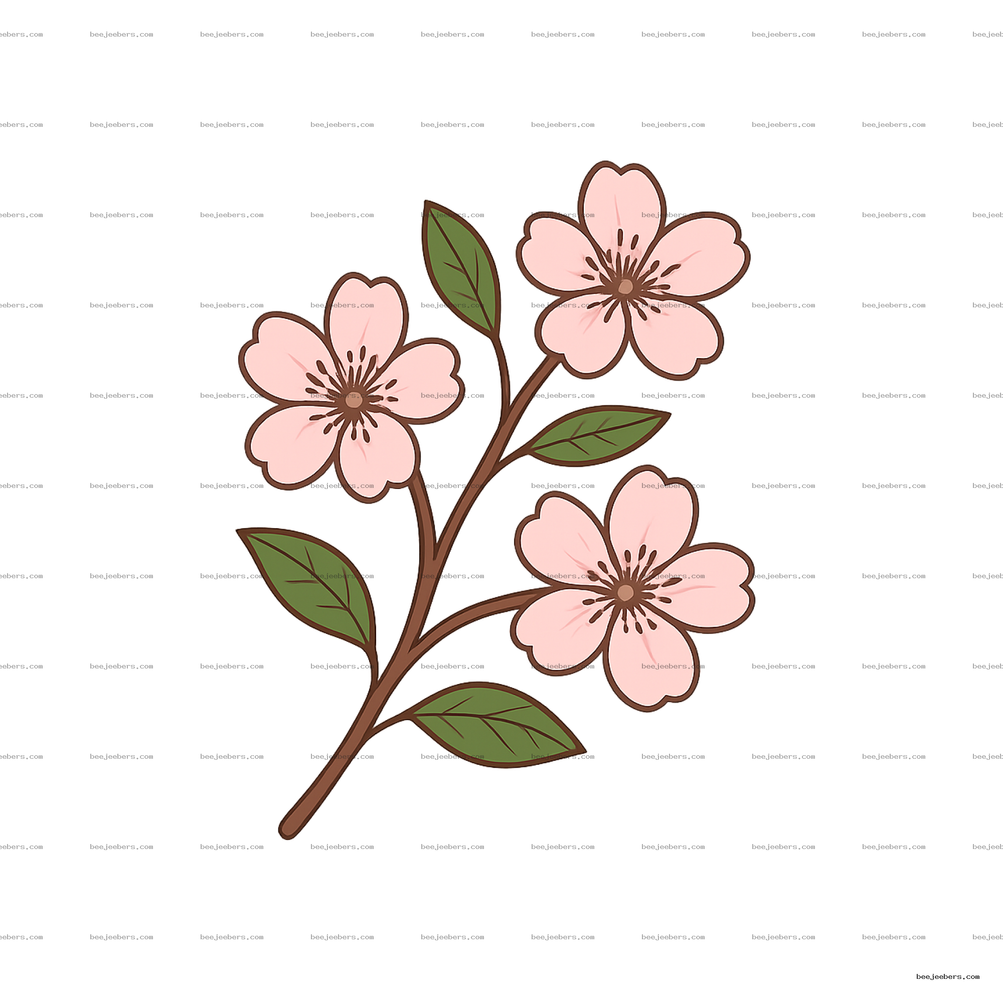 Clean vector illustration of pink blossom flowers on branches with green leaves transparent PNG