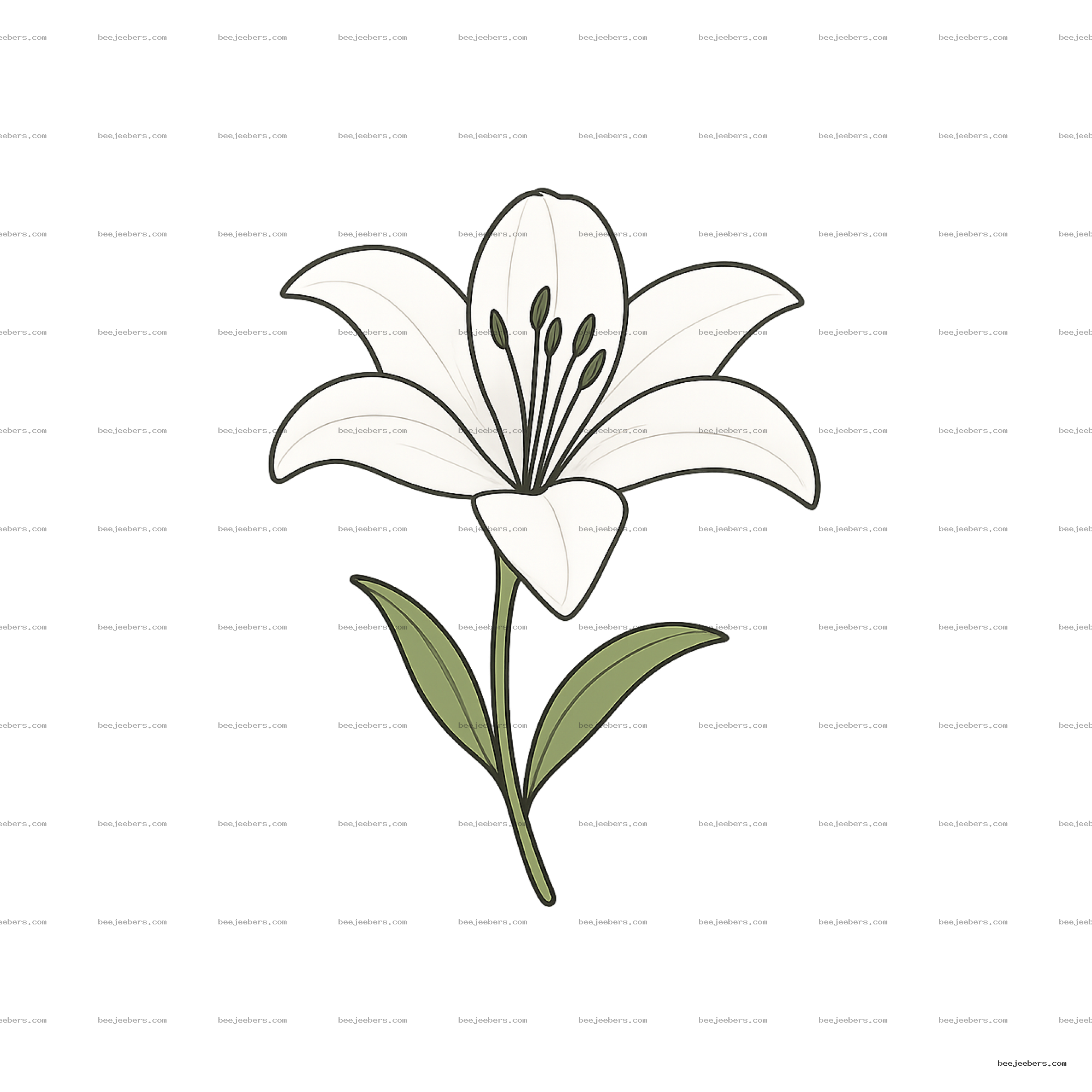 Clean vector white lily flower with green leaves and stamen on transparent background